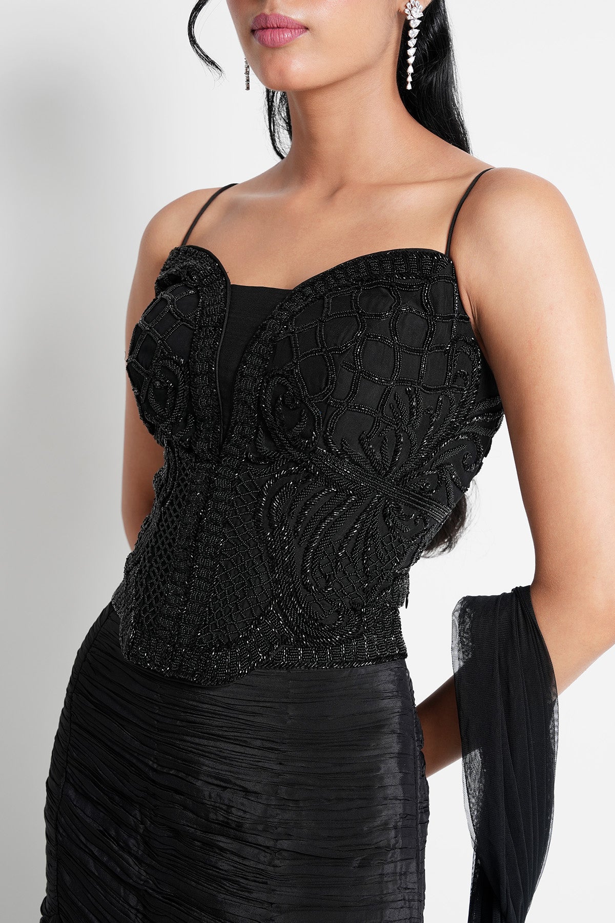 Black Fishcut Lehenga in Crepe and Corset Blouse Set