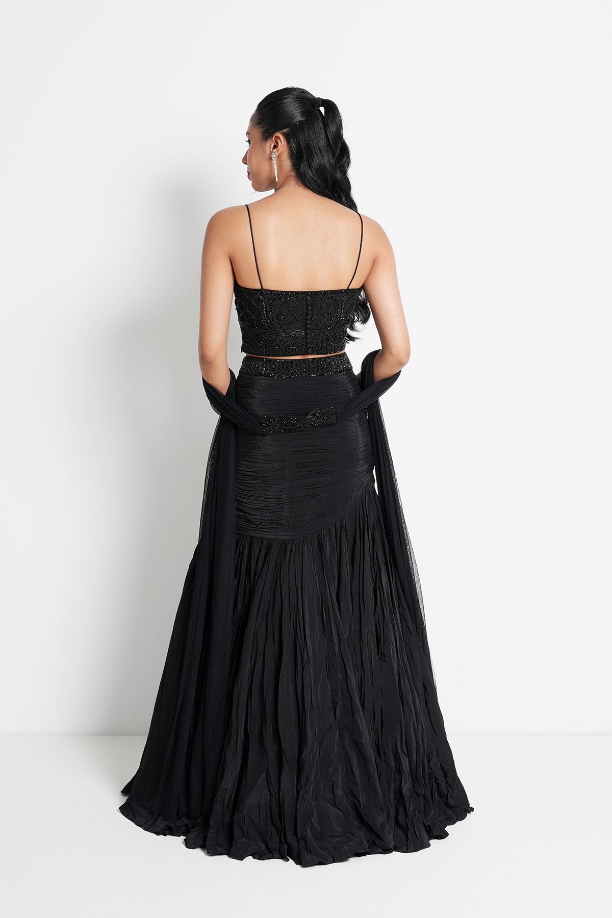 Black Fishcut Lehenga in Crepe and Corset Blouse Set