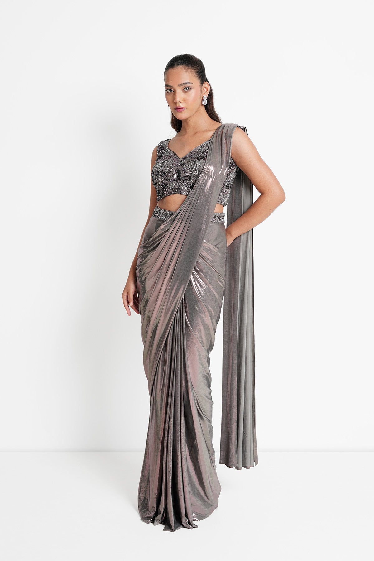 Dusty Mauve Grey Metallic Pre-draped Saree Set