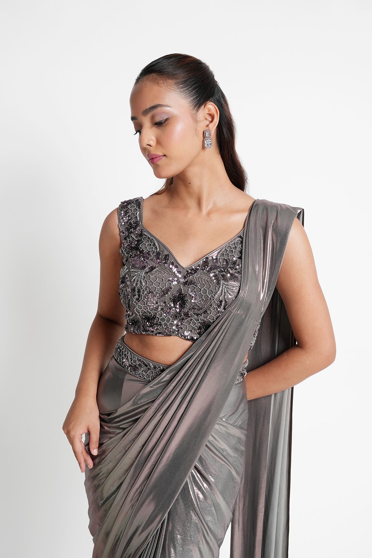 Dusty Mauve Grey Metallic Pre-draped Saree Set