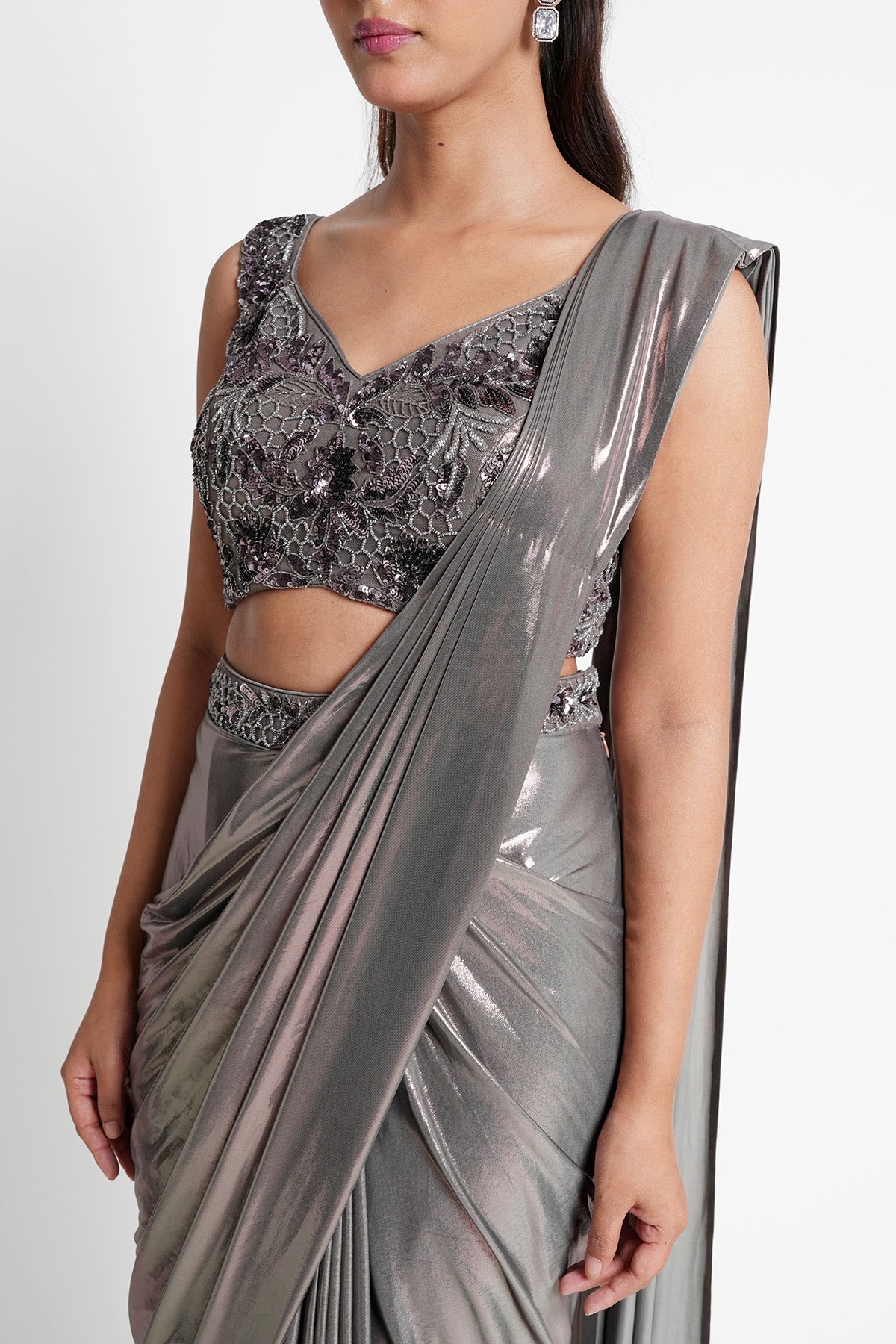 Dusty Mauve Grey Metallic Pre-draped Saree Set