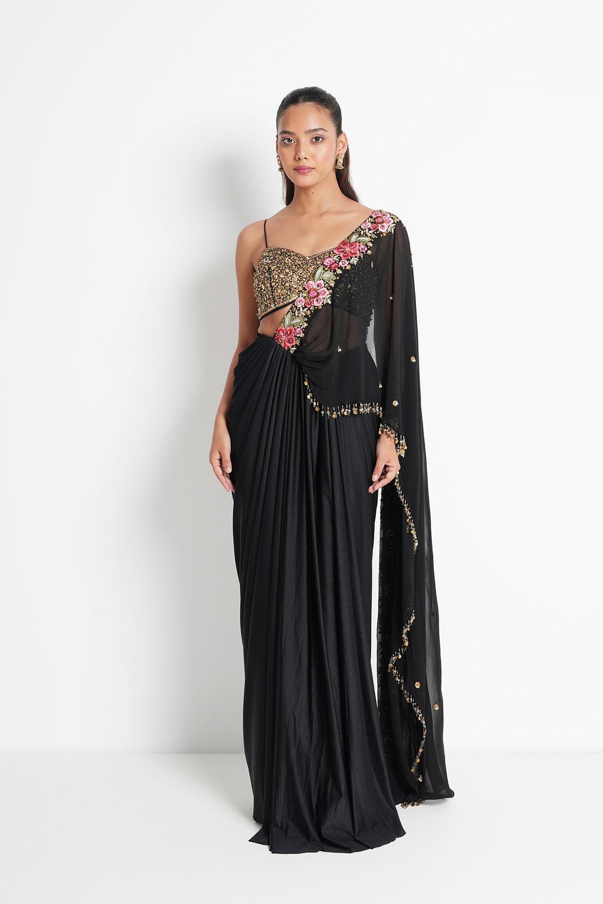 Black Pre-draped Saree Set with Metal Sequins and Floral Embroidery