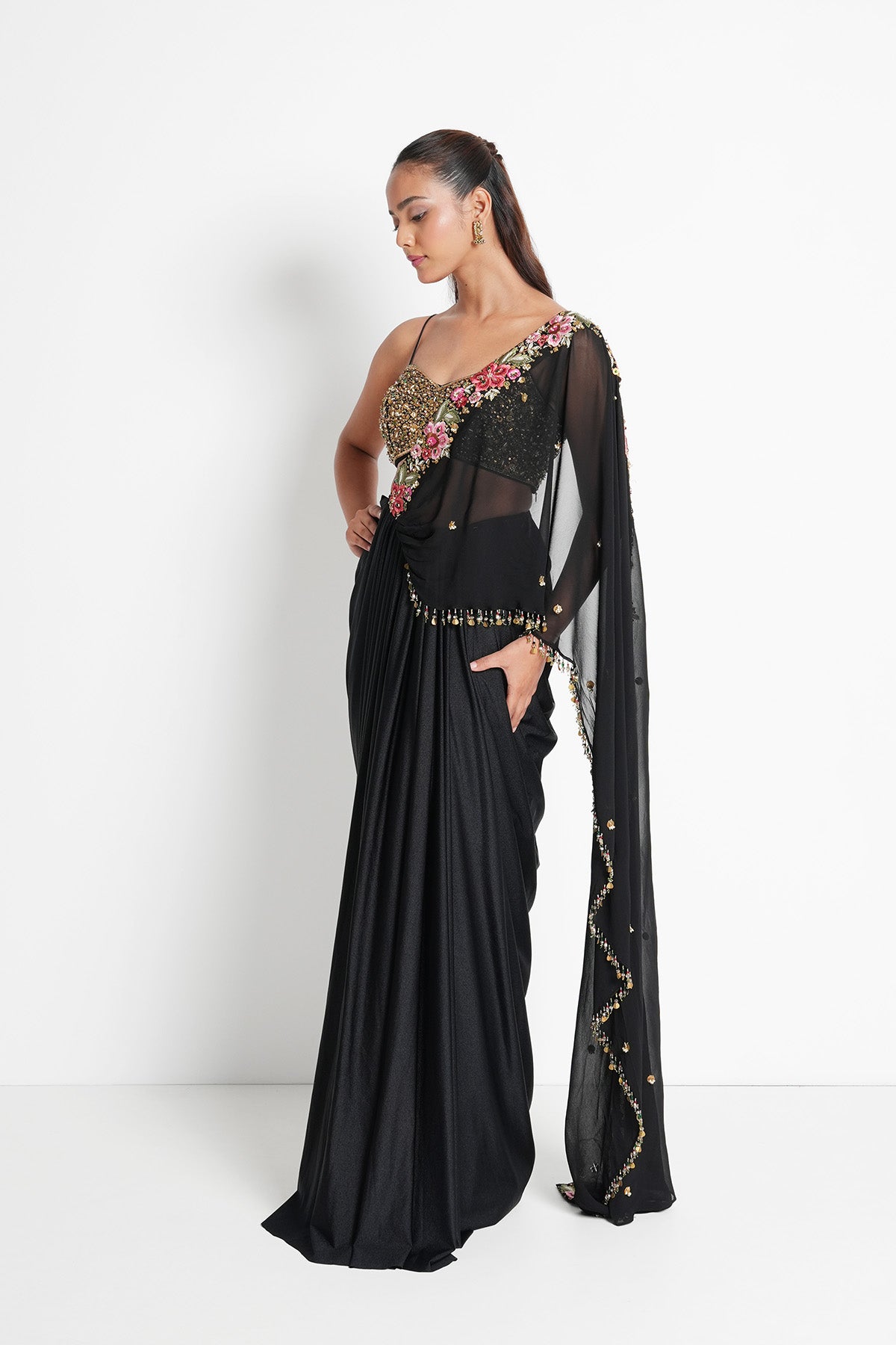 Black Pre-draped Saree Set with Metal Sequins and Floral Embroidery