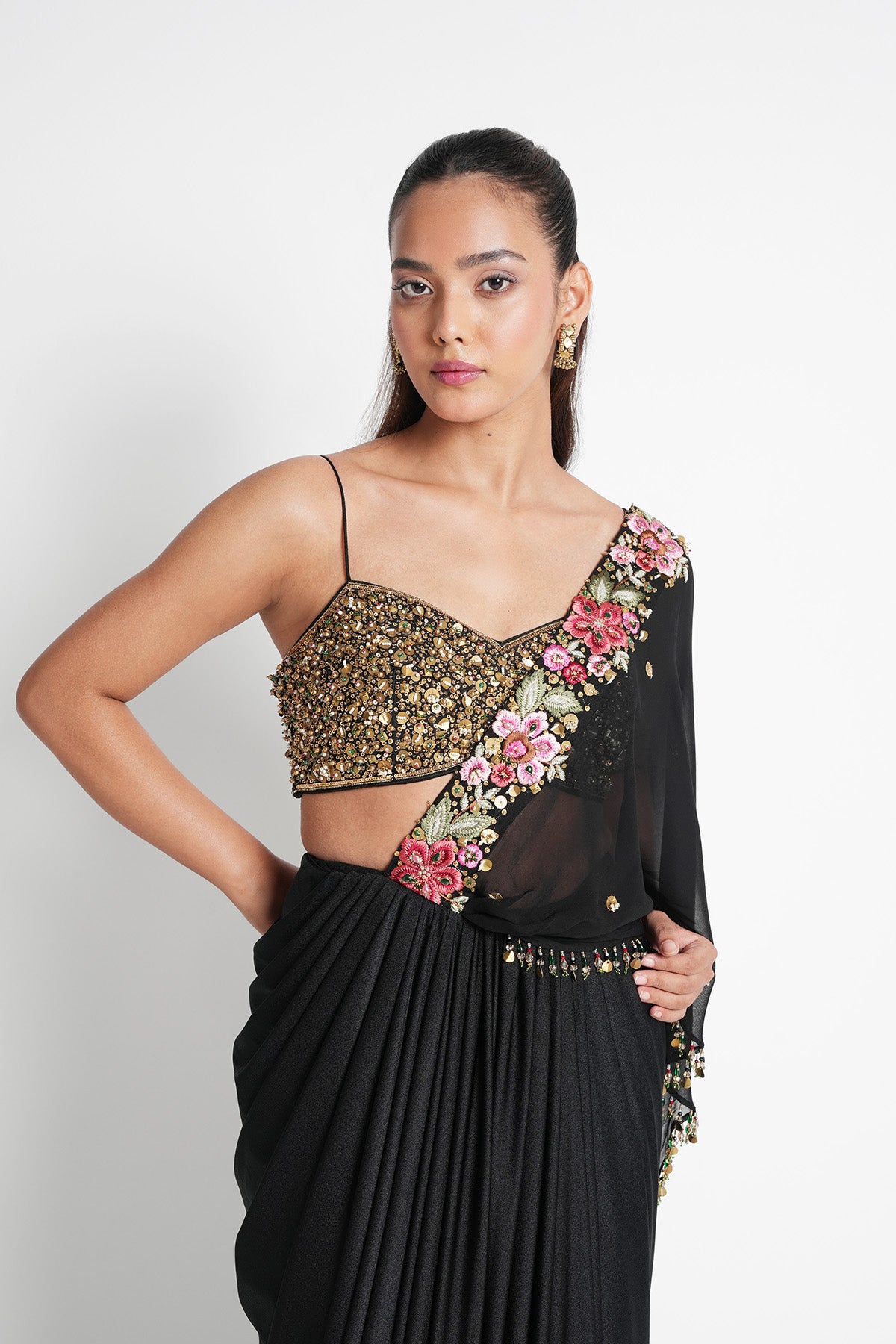 Black Pre-draped Saree Set with Metal Sequins and Floral Embroidery