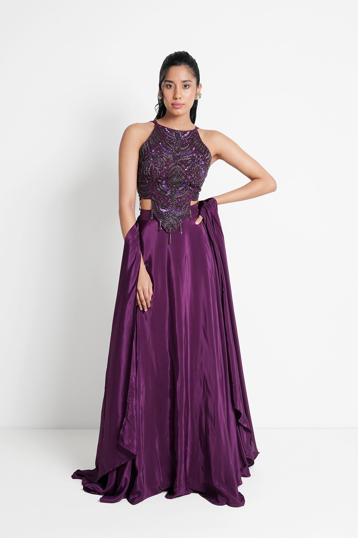Deep Magenta Halter Neck Top and Skirt in Crepe Set