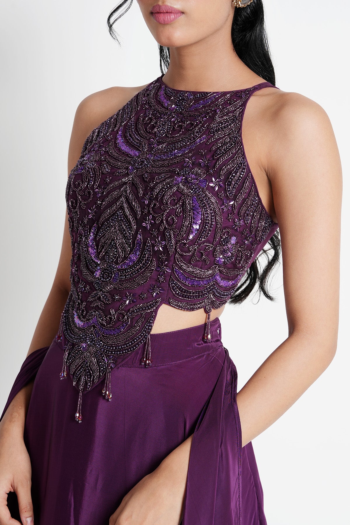 Deep Magenta Halter Neck Top and Skirt in Crepe Set