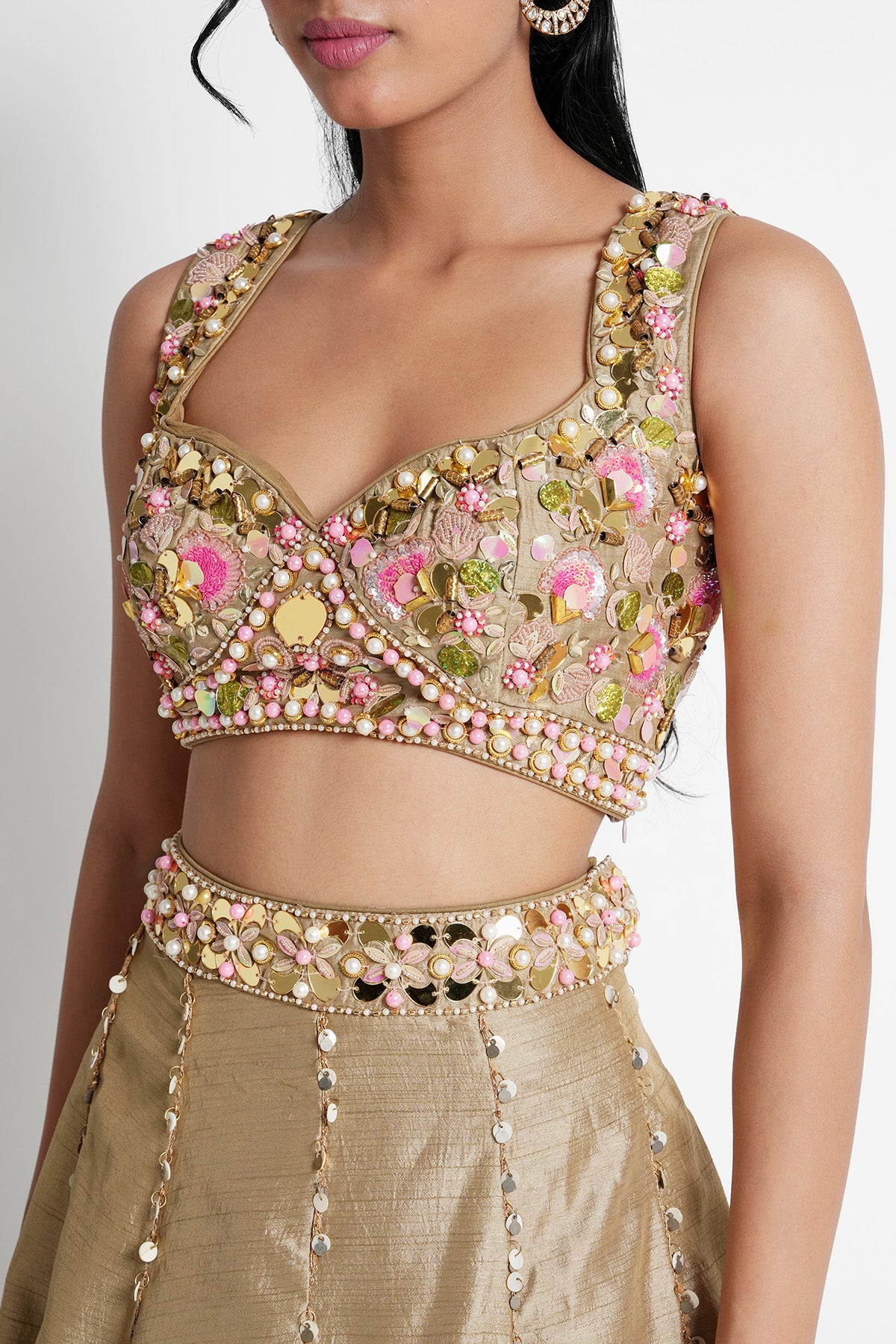 Beige Gold Sweetheart Neck Crop Top and Skirt Set in Silk