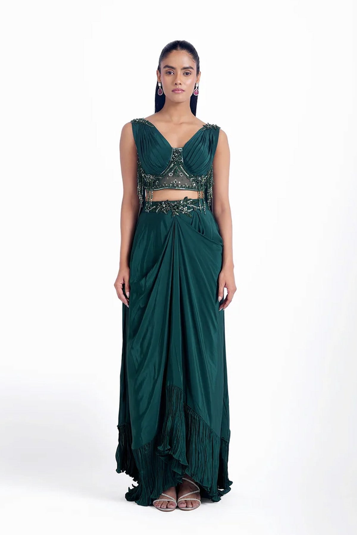 Dark emerald green draped skirt with a fancy blouse set