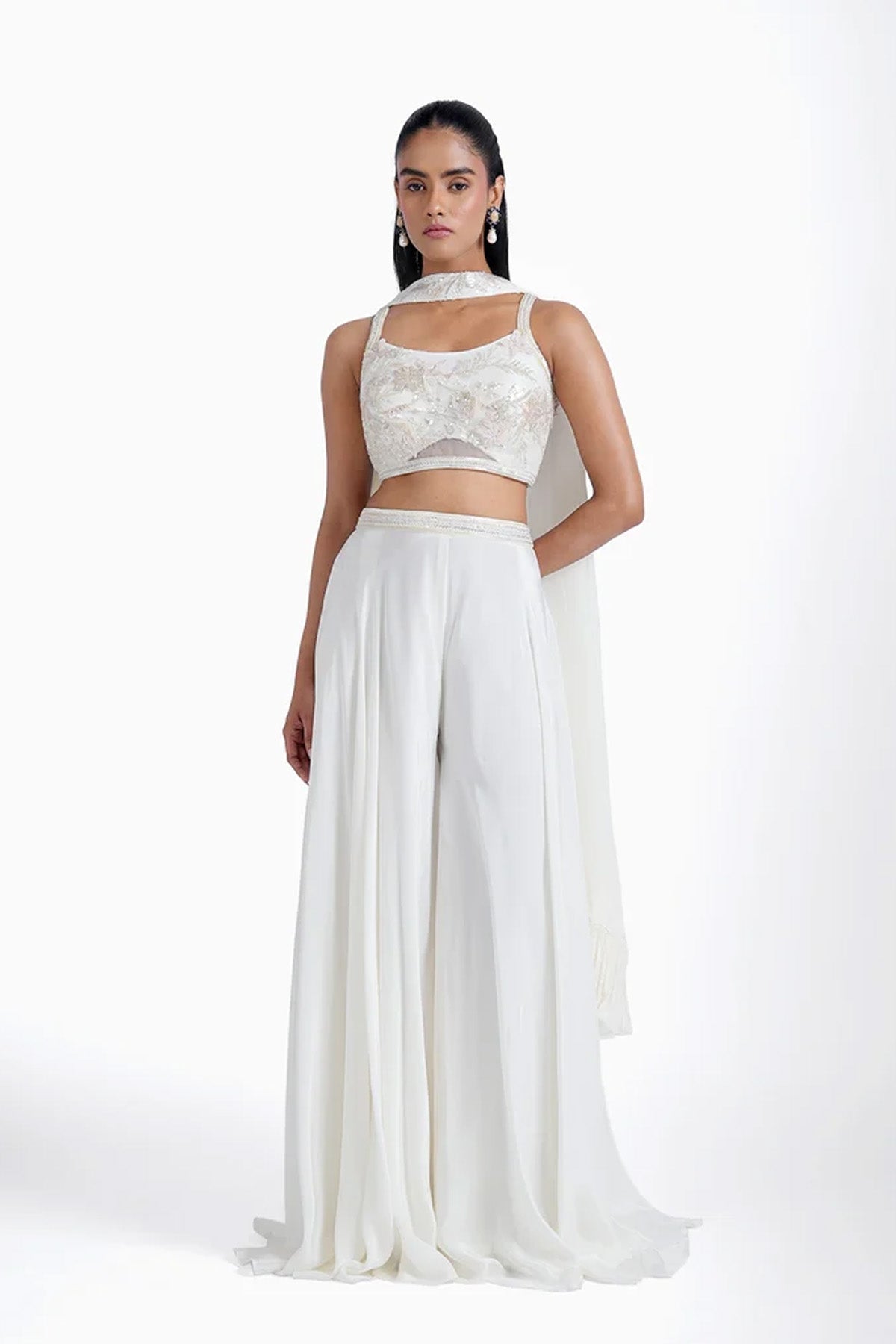 Ivory spaghetti top with palazzo and choker dupatta in crepe