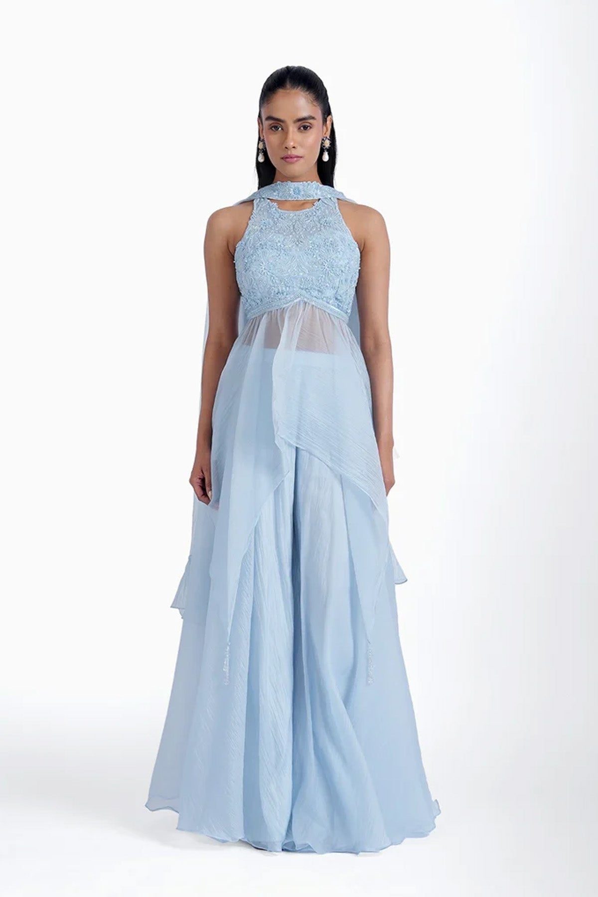 Ice blue palazzo and long top with choker dupatta set in organza