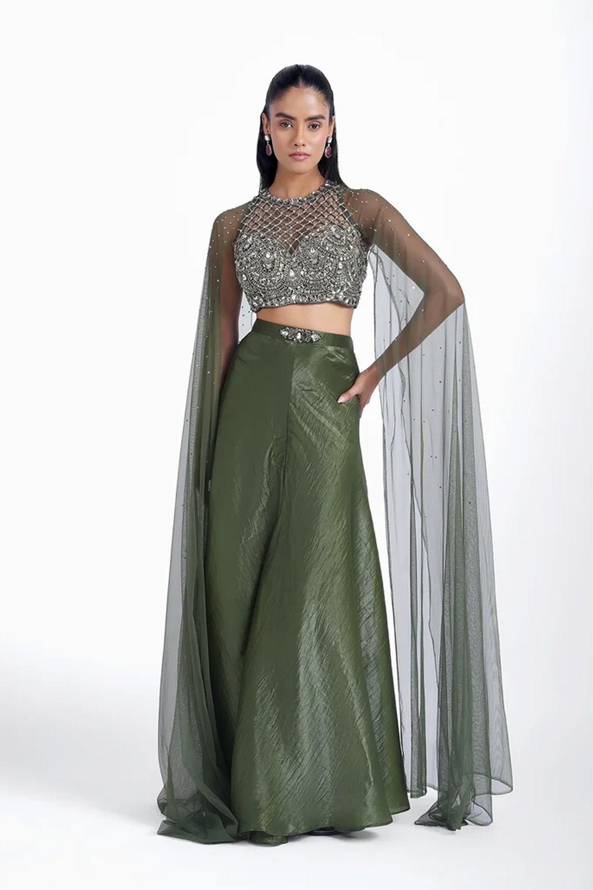 Mehendi green halter neck top with cape sleeves and palazzo set
