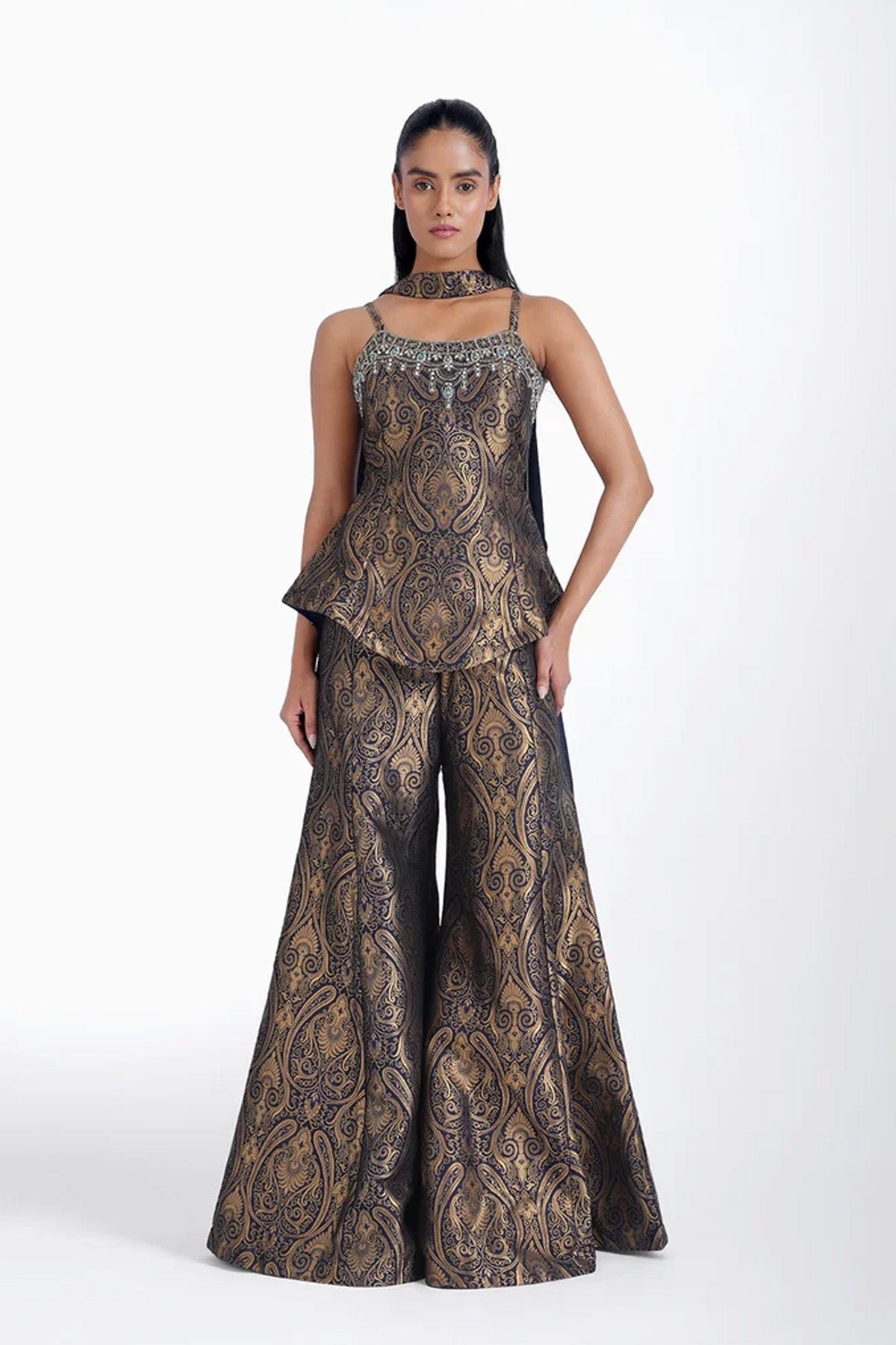 Black and gold peplum top and pant with choker dupatta set