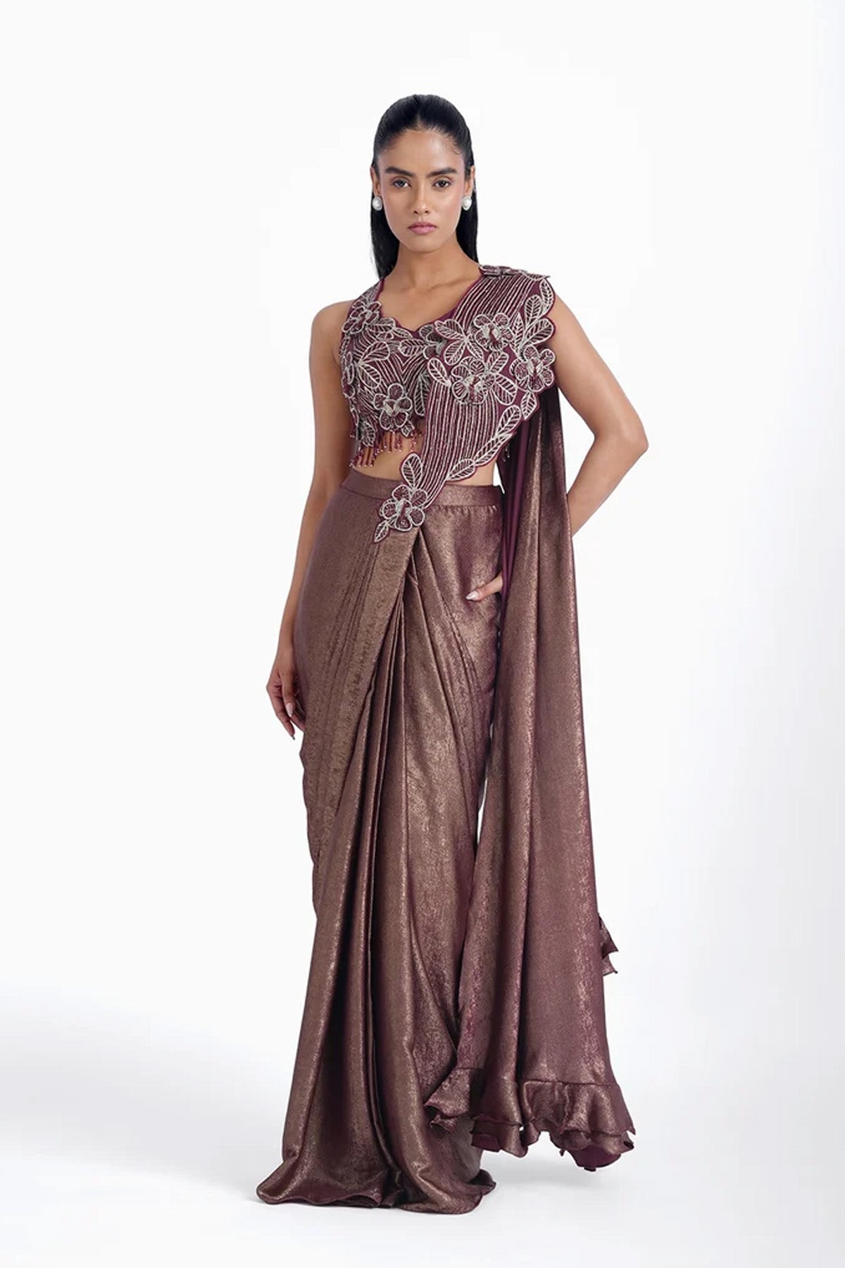 Maroon gold pre-draped saree with fancy pallu and blouse set