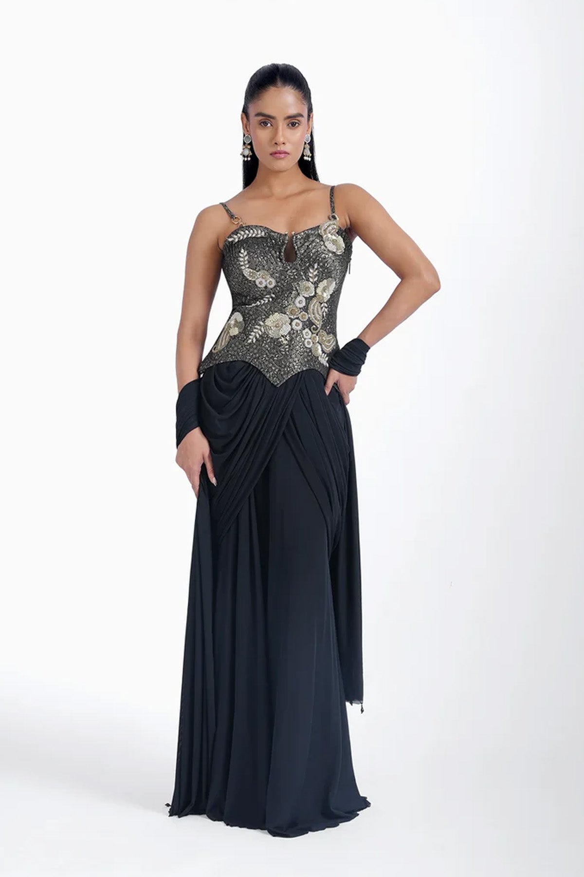Black brocade top and draped skirt in lycra set