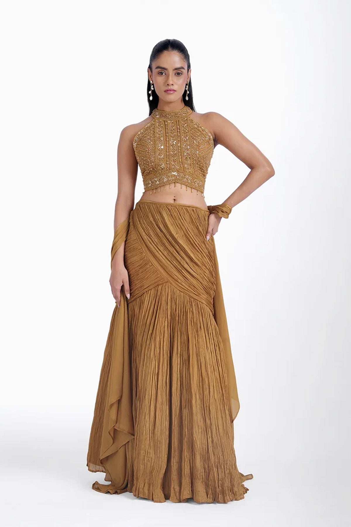 Mustard yellow fishcut skirt and halter neck top set