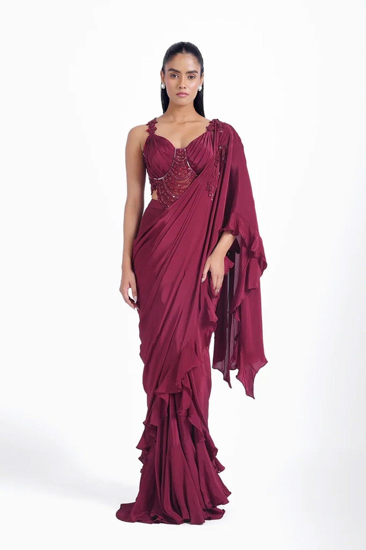 Dark crimson red pre-draped saree with fancy blouse set