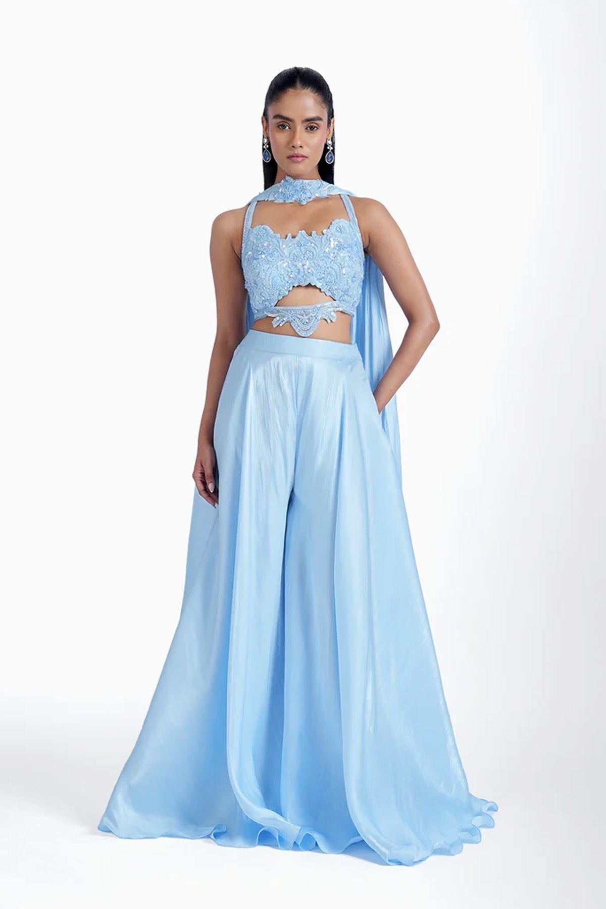 Bright blue hand embroidered top with palazzo and choker dupatta set in shiny imported tissue