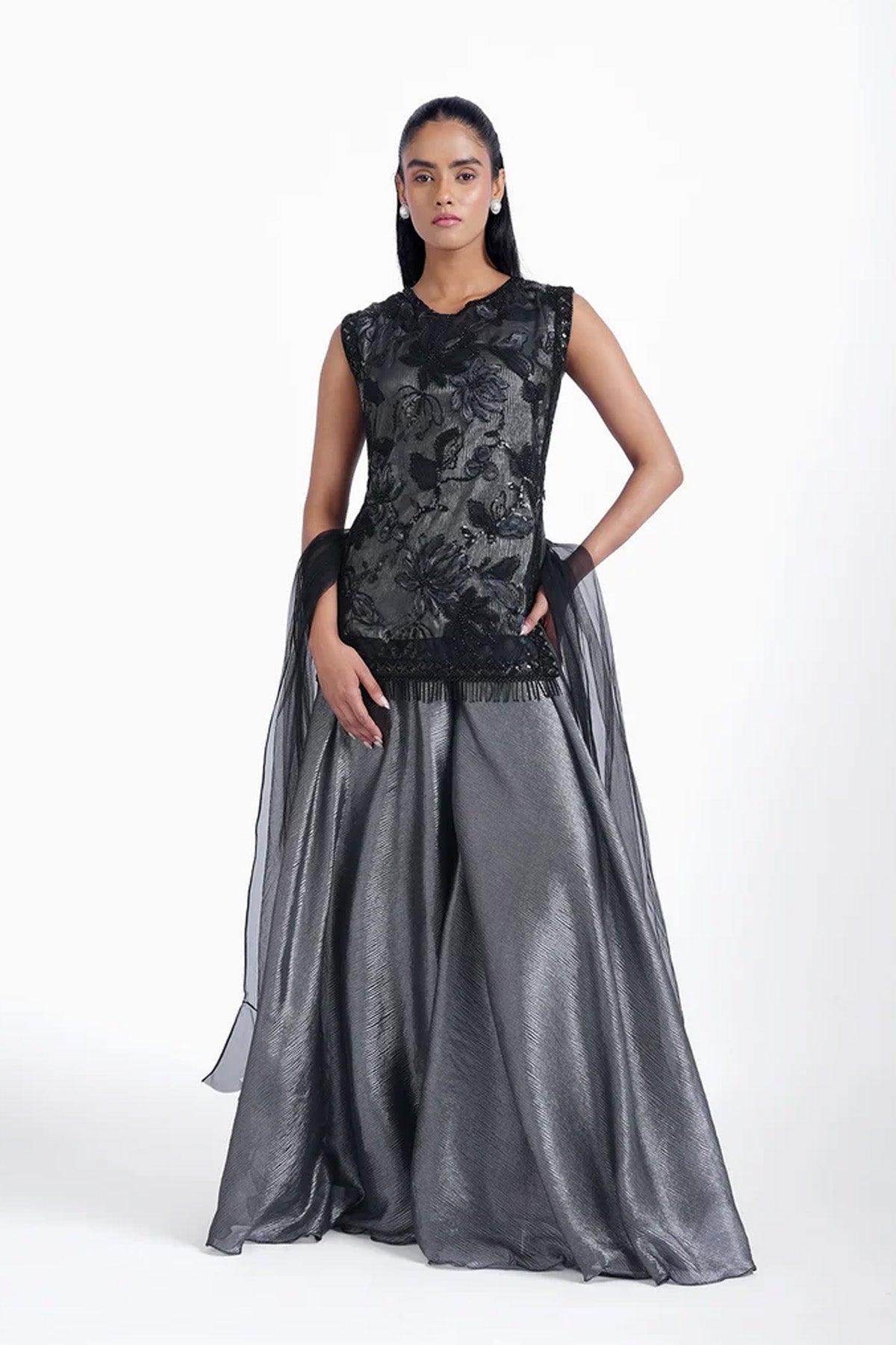 Black and silver straight top with palazzo and choker dupatta set
