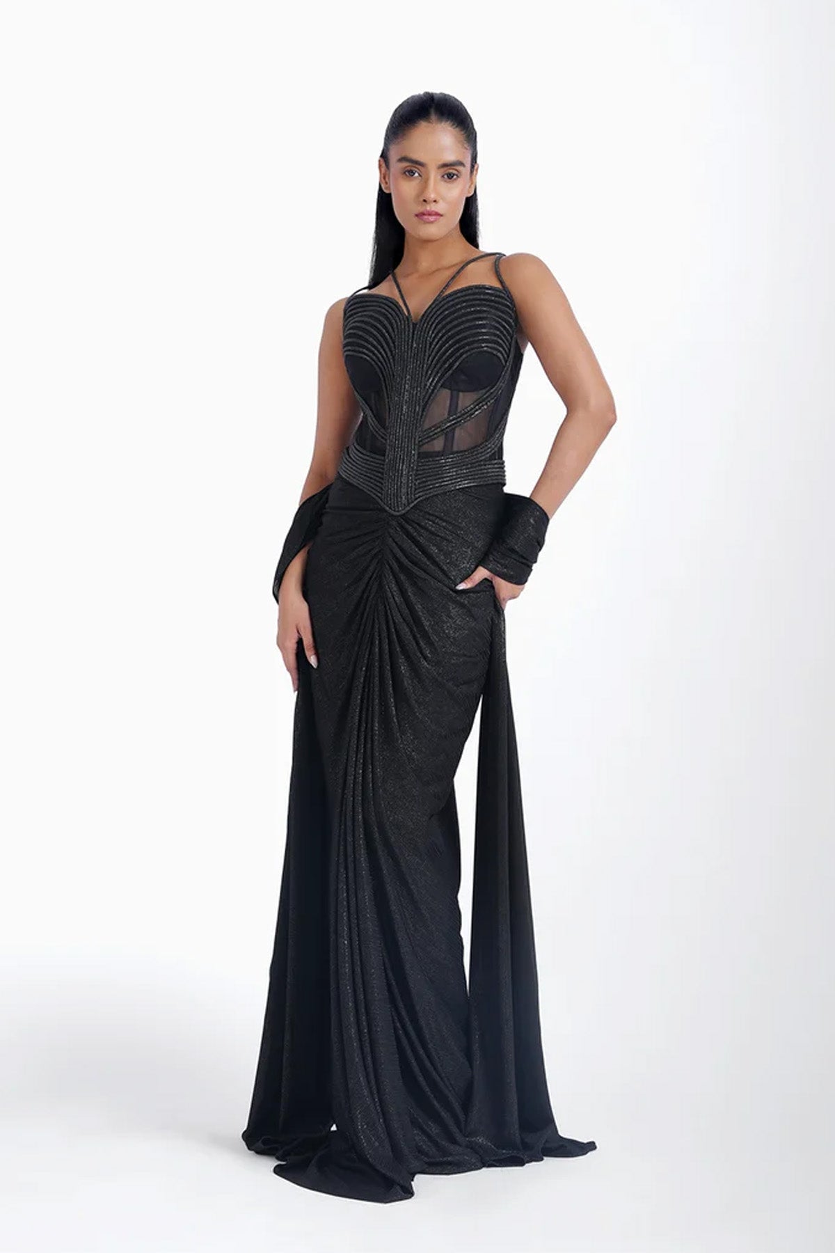 Black draped skirt and corset blouse set with rhinestone lace set