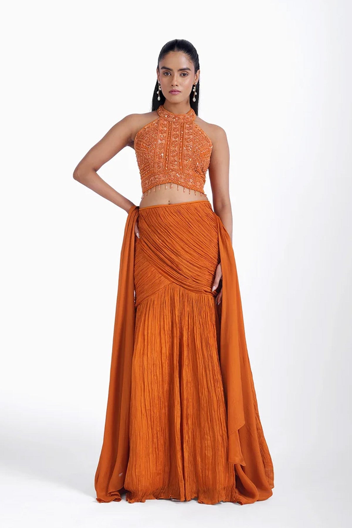 Rust orange fishcut skirt and halter neck top set