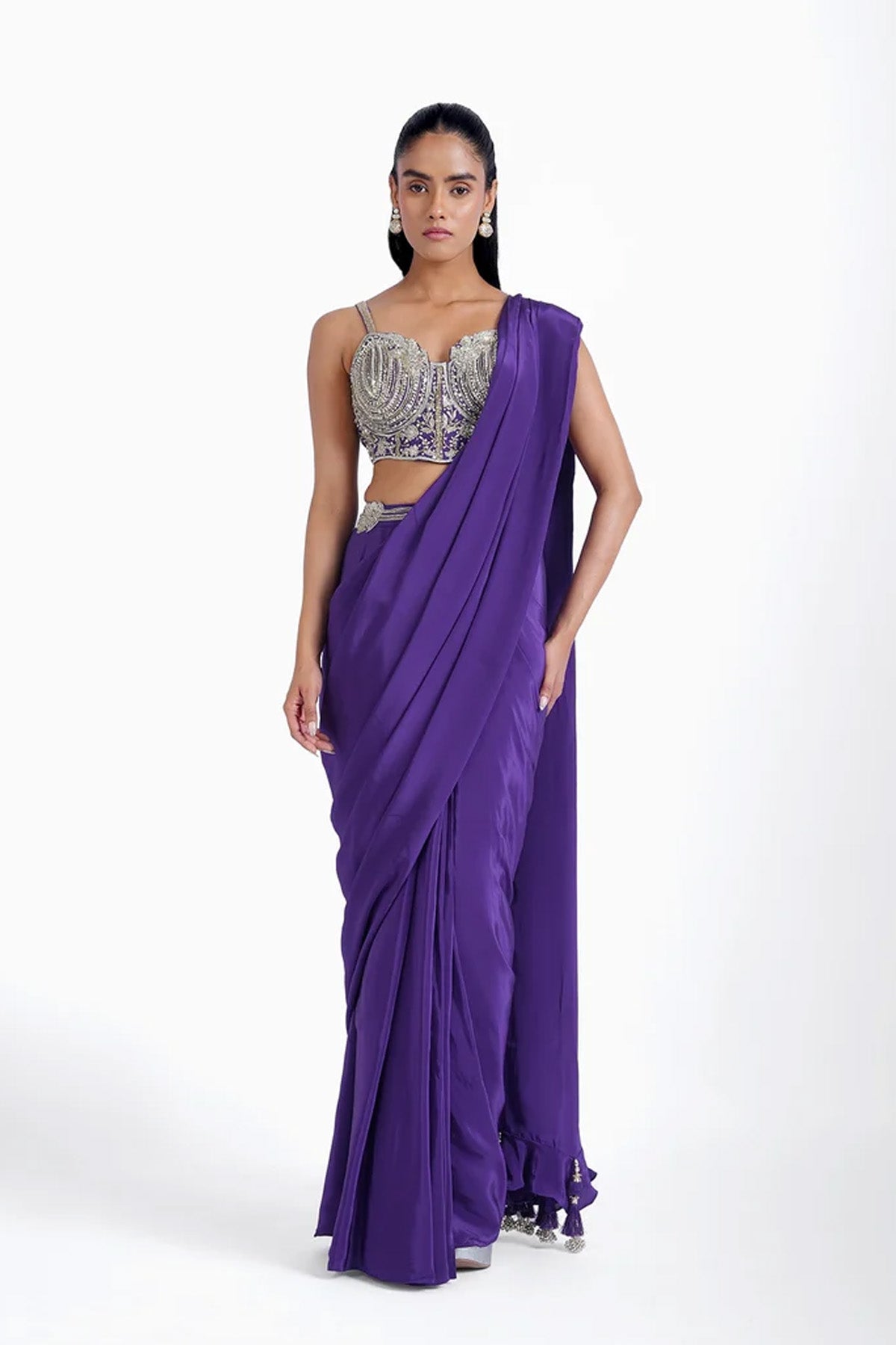 Purple pre-draped saree in crepe with katori style blouse set
