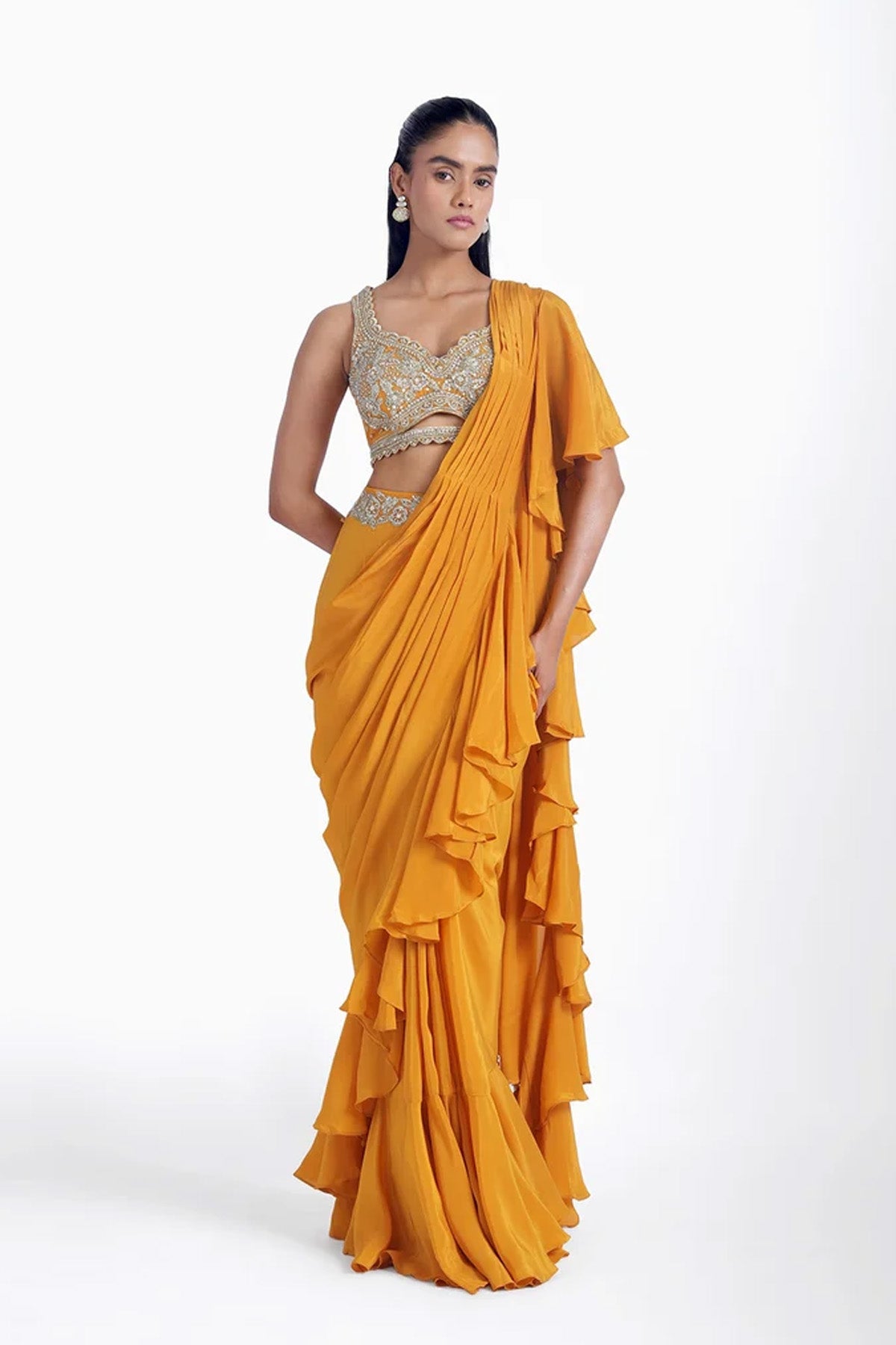 Chrome yellow ruffle pre-draped saree in crepe with hand embroidered blouse set