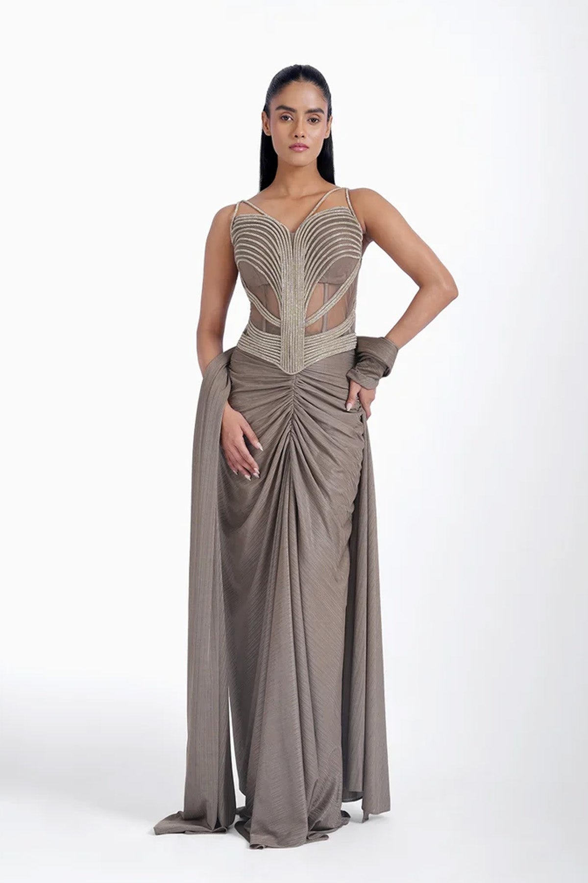 Light greyish brown draped skirt and corset blouse set with rhinestone lace set