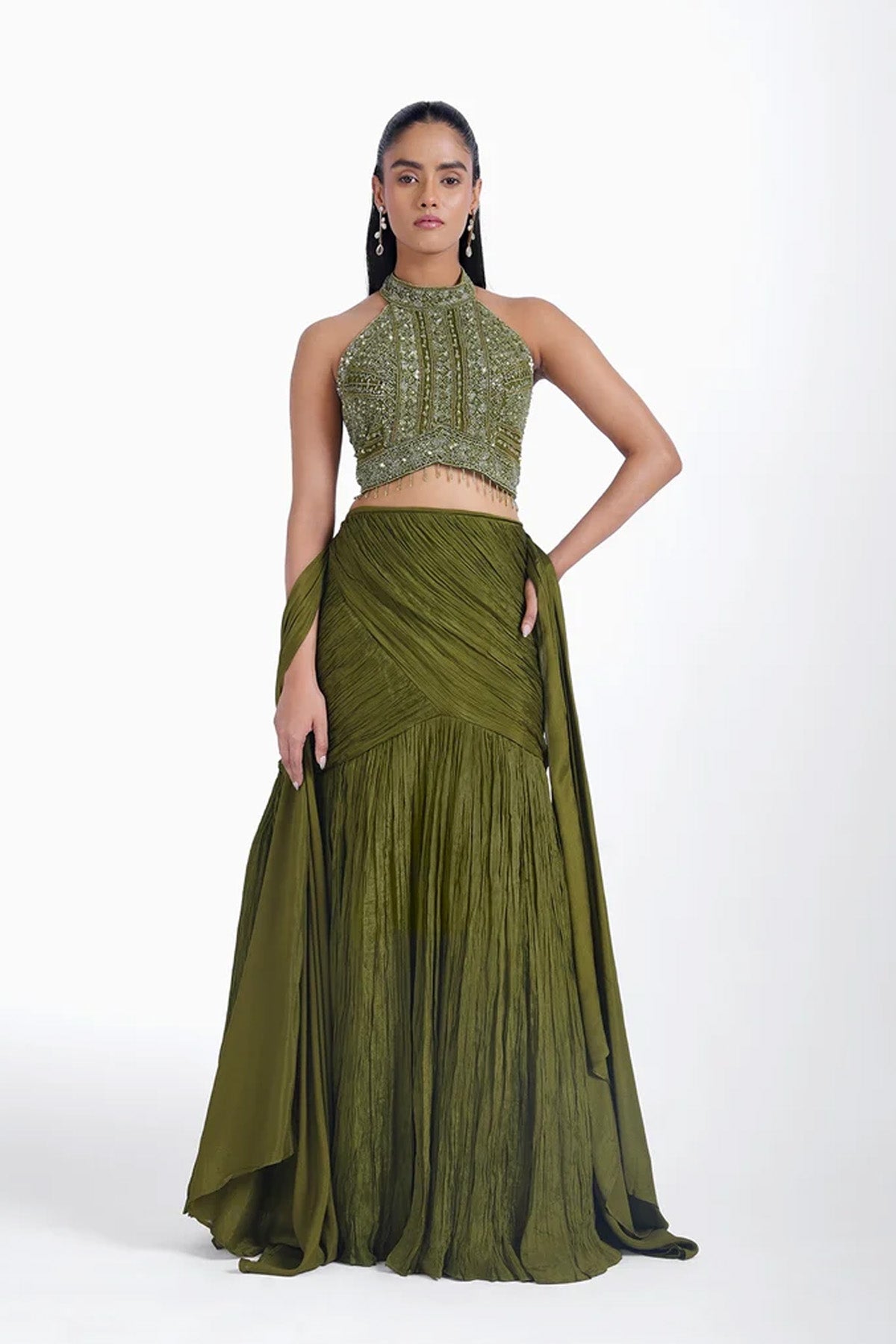 Olive green fishcut skirt and halter neck top set