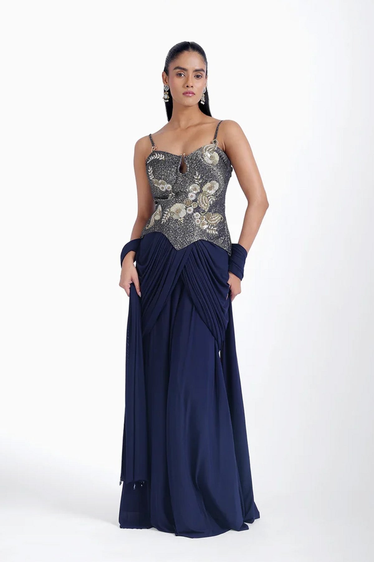 Dark ink blue brocade top and draped skirt in lycra set