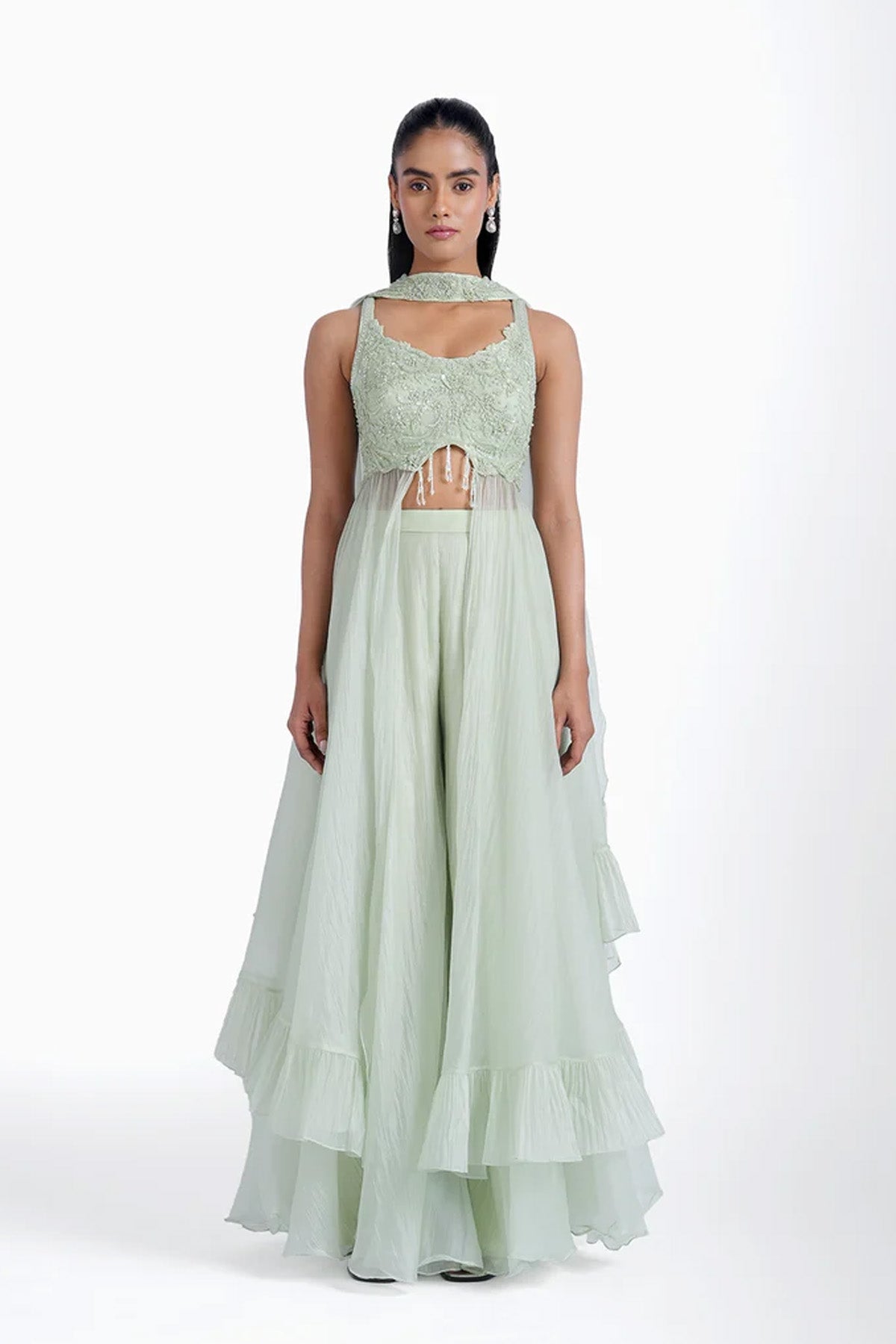 Mint green long top and palazzo with choker dupatta set in organza