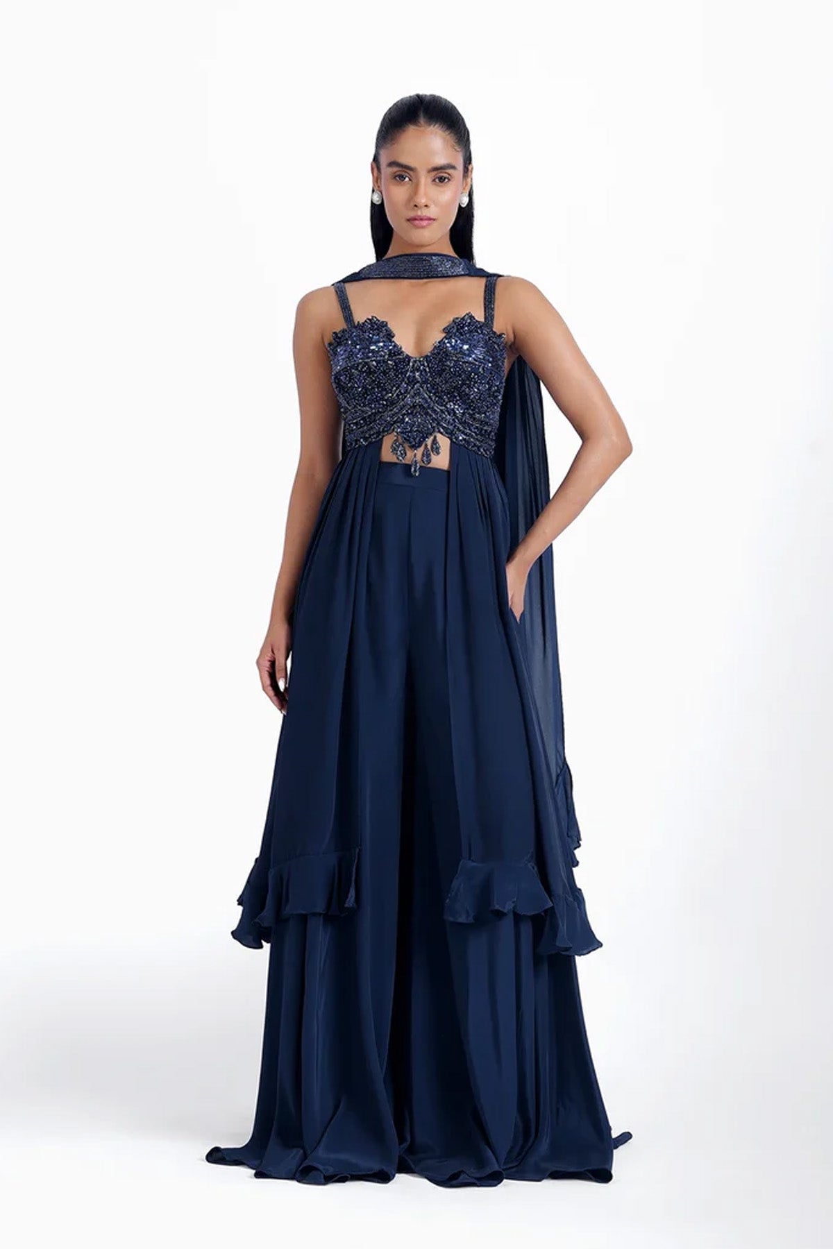 Dark navy blue long top and palazzo with a choker dupatta set