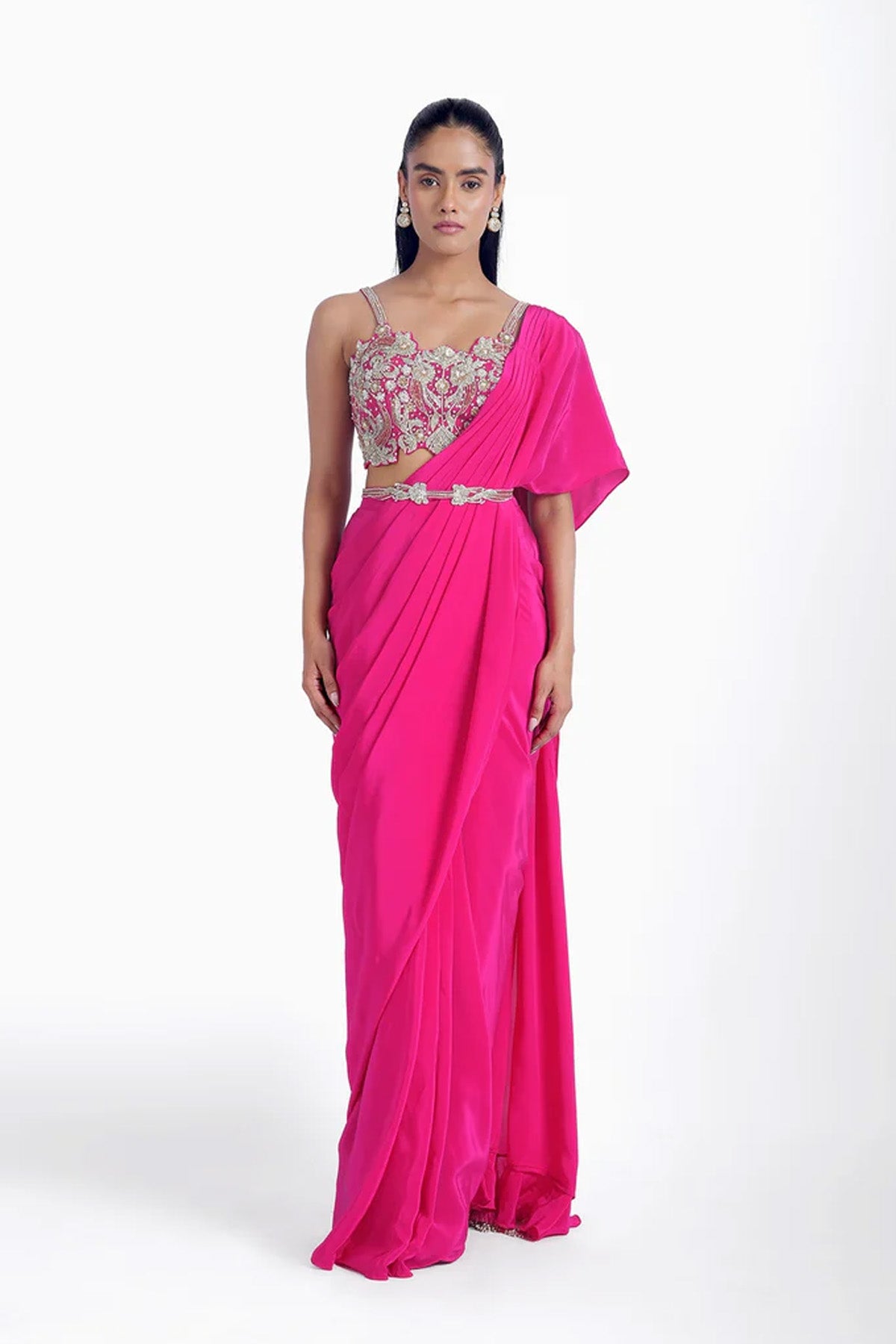Rani pink pre-draped saree in crepe with spaghetti blouse and belt set
