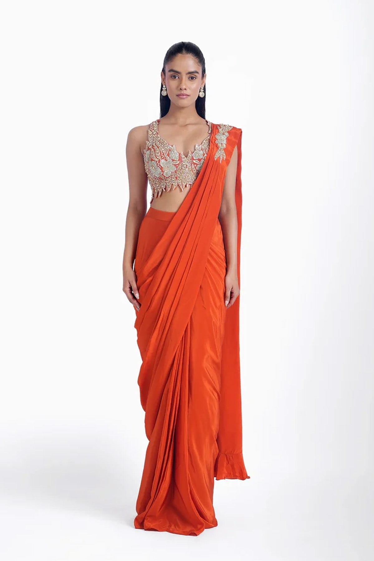 Orange pre-draped saree in crepe with katori style cutwork blouse set