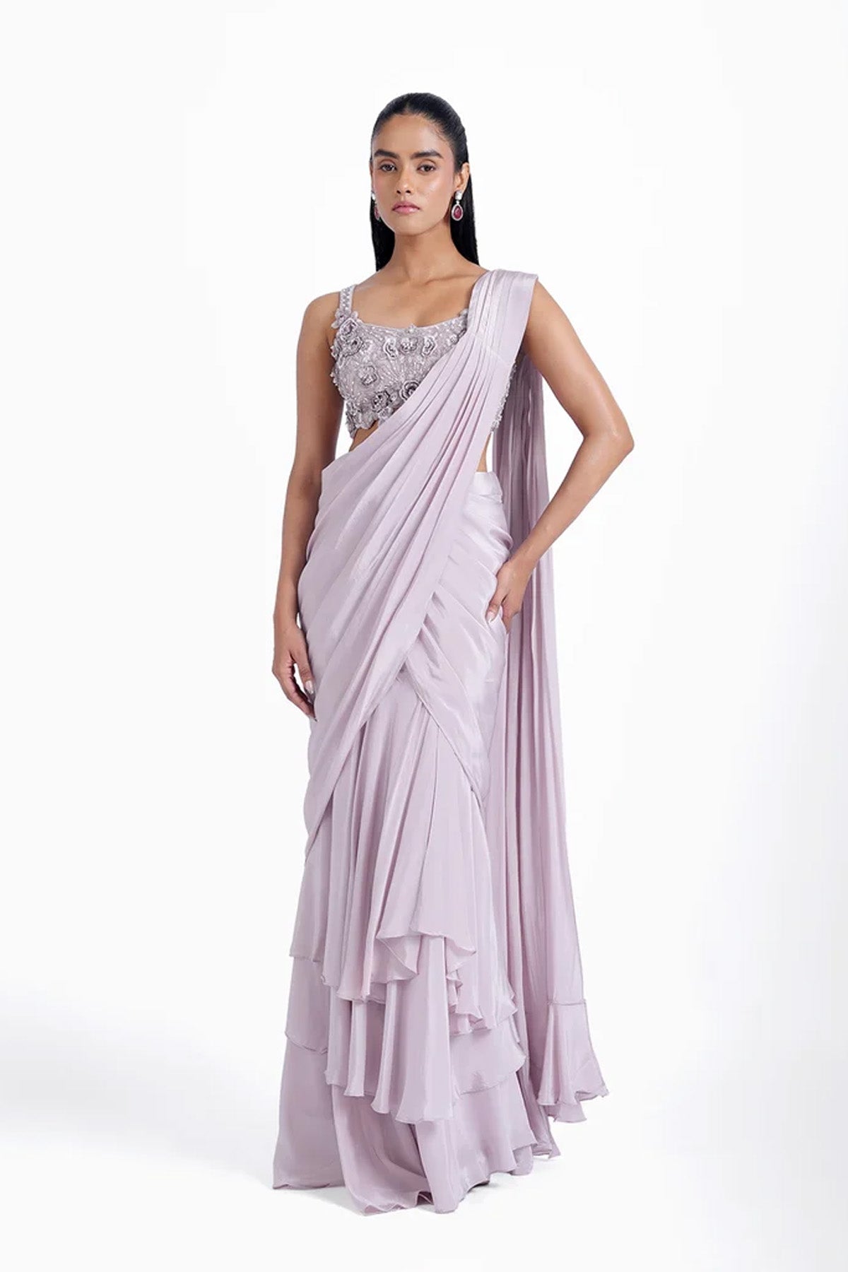 Light lilac 3-tiered fishcut pre-draped saree with spaghetti blouse set