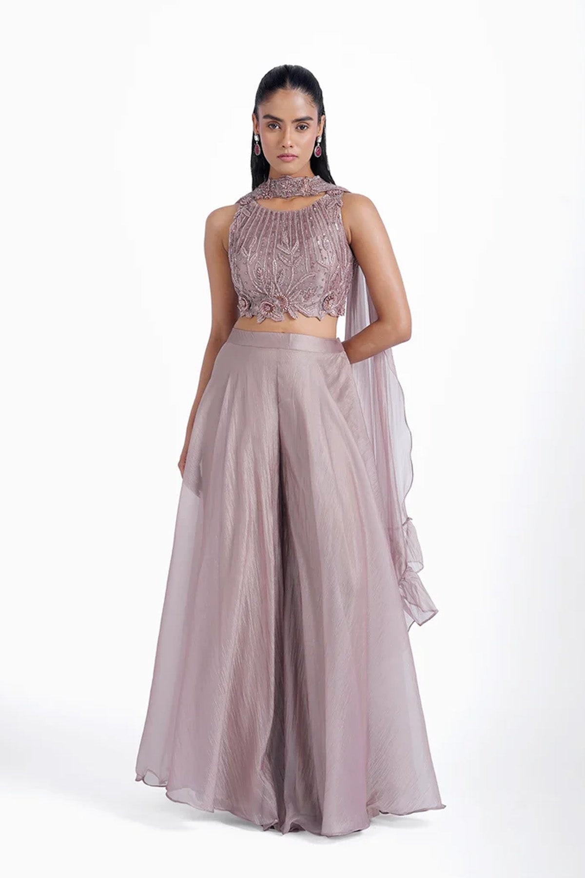 Dusty copper top and palazzo with choker dupatta set in shiny organza