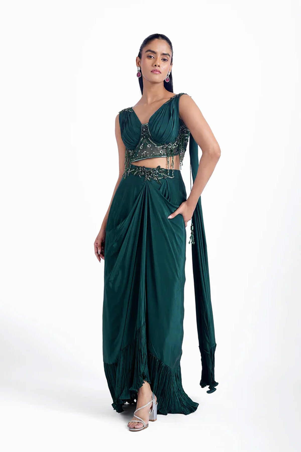 Dark emerald green draped skirt with a fancy blouse set