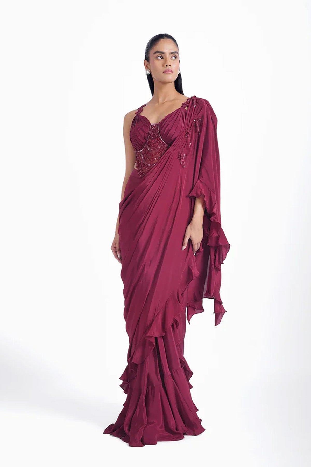 Dark crimson red pre-draped saree with fancy blouse set