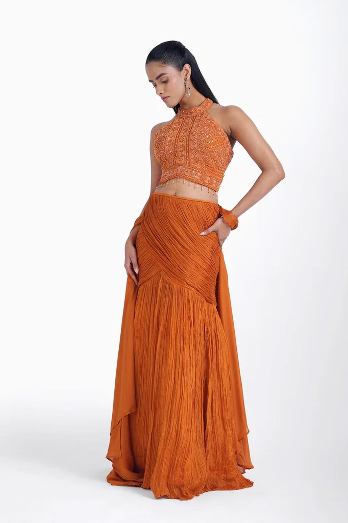Rust orange fishcut skirt and halter neck top set