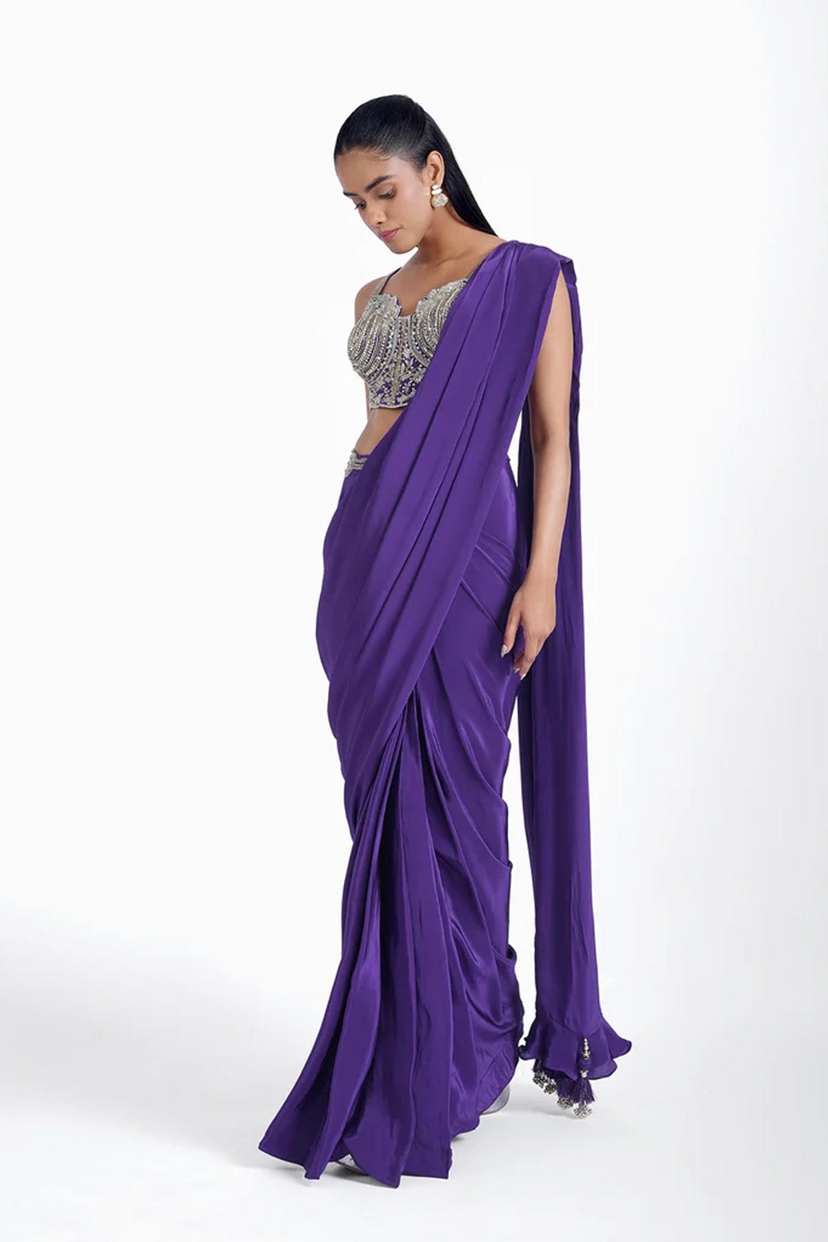 Purple pre-draped saree in crepe with katori style blouse set