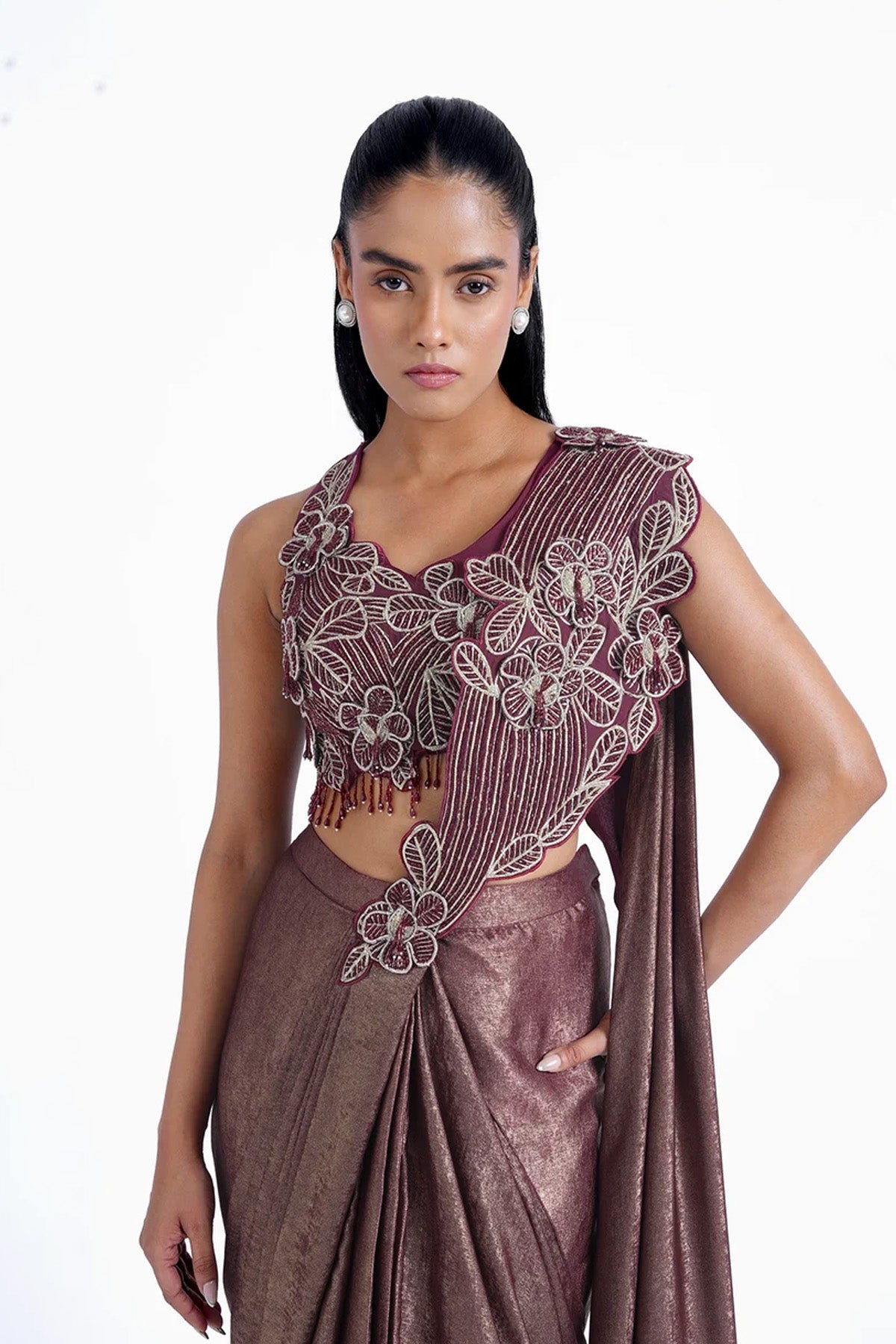 Maroon gold pre-draped saree with fancy pallu and blouse set