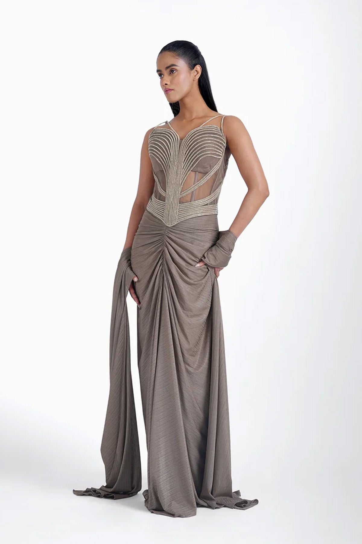 Light greyish brown draped skirt and corset blouse set with rhinestone lace set