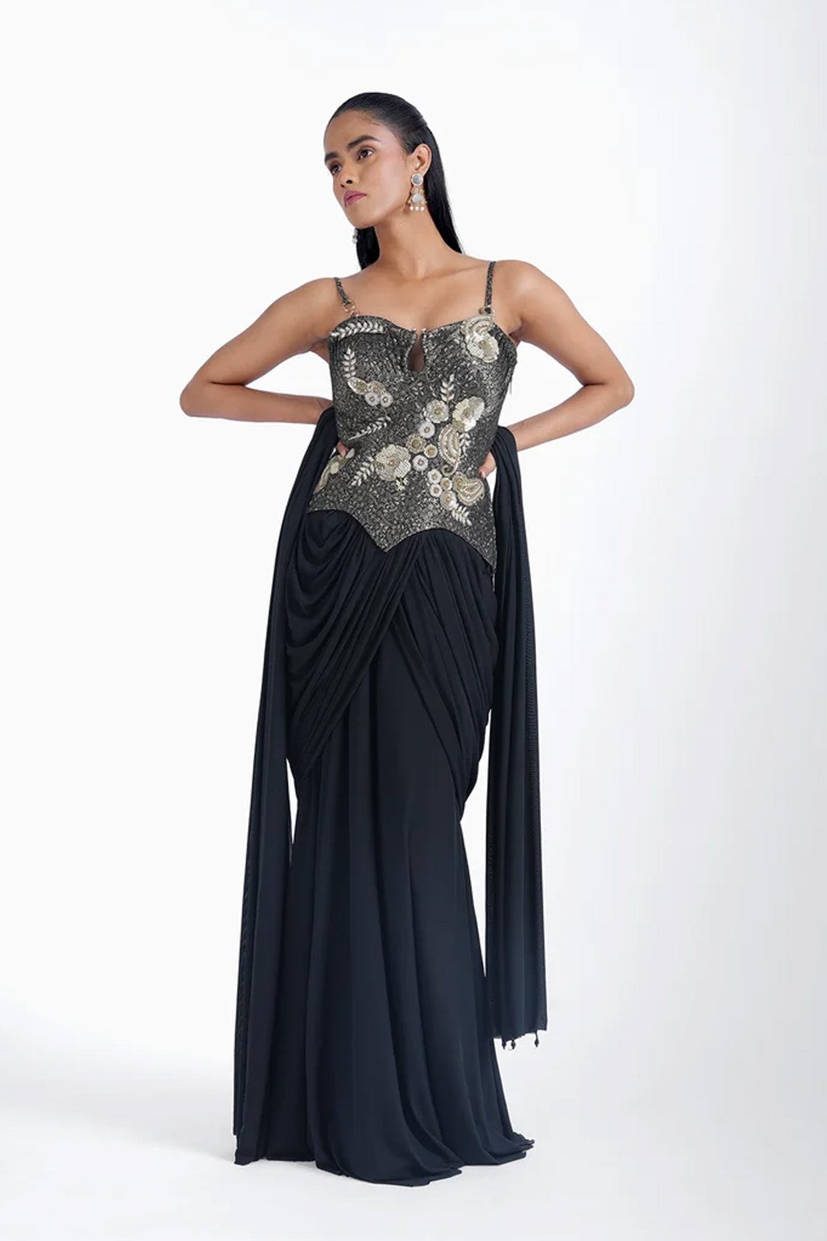 Black brocade top and draped skirt in lycra set