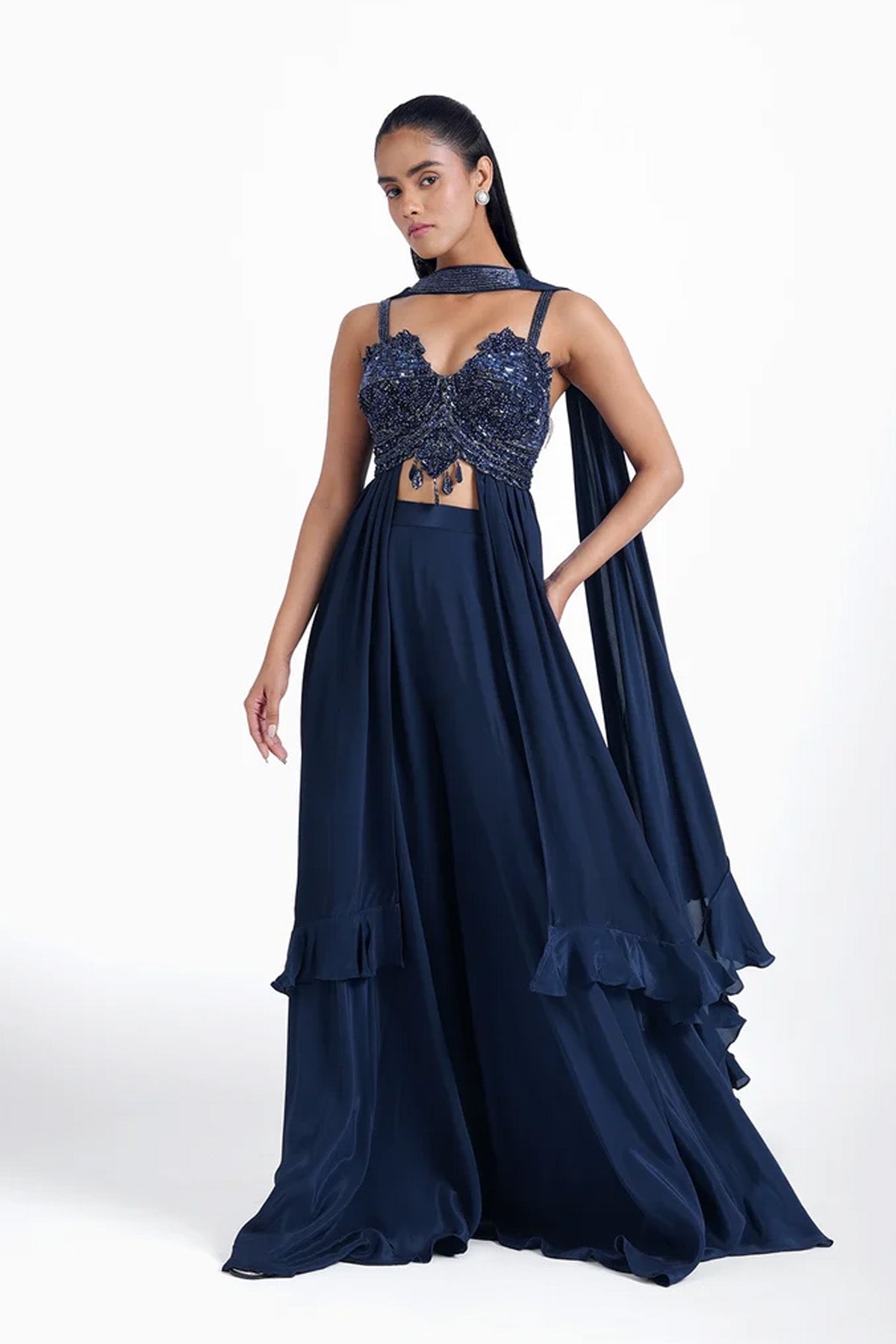 Dark navy blue long top and palazzo with a choker dupatta set