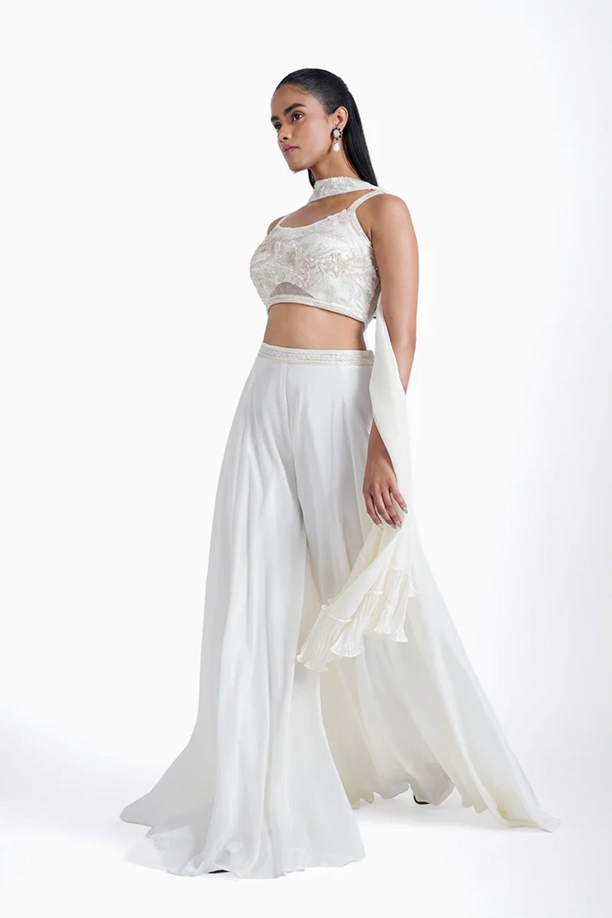 Ivory spaghetti top with palazzo and choker dupatta in crepe