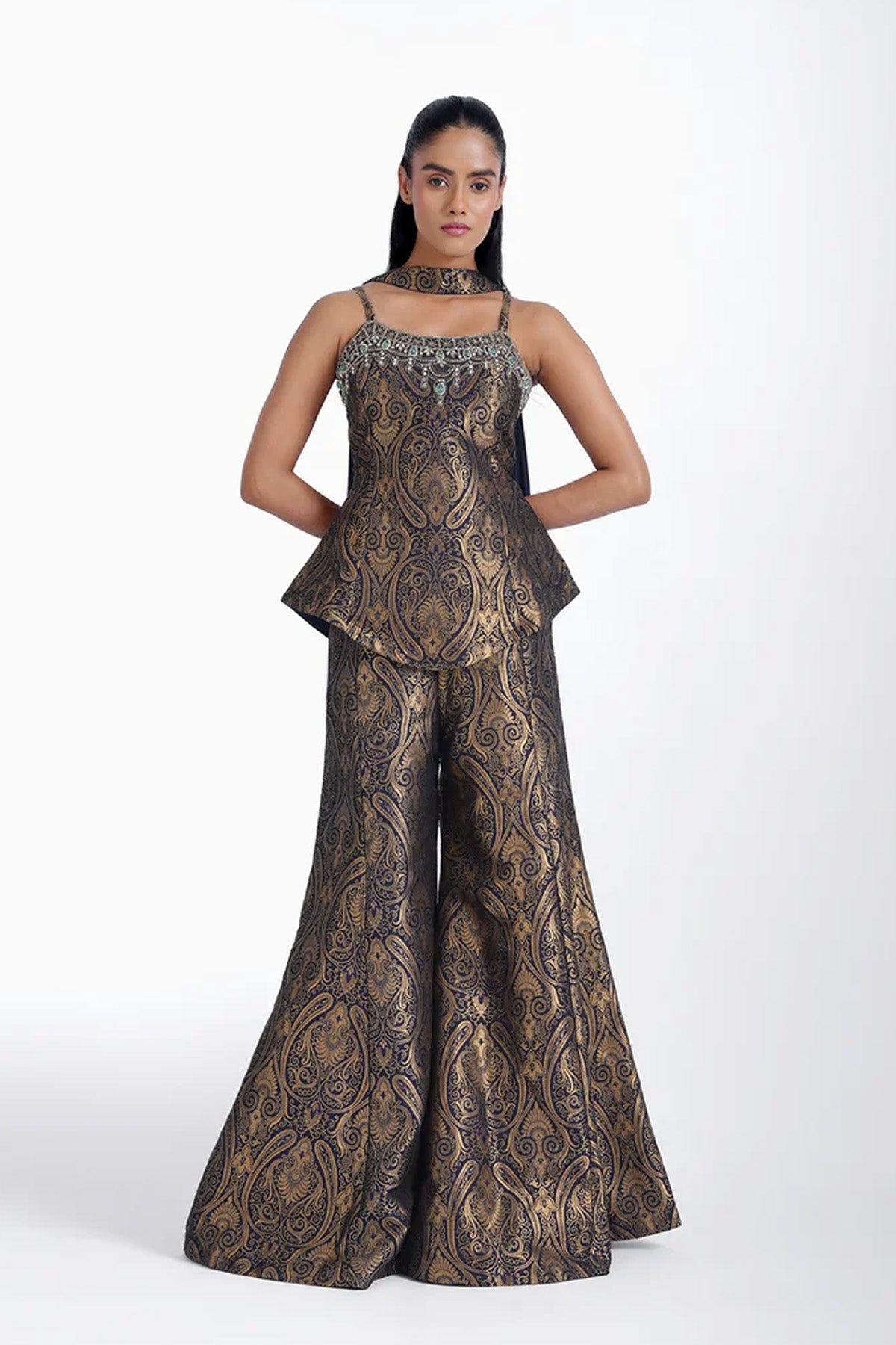 Black and gold peplum top and pant with choker dupatta set