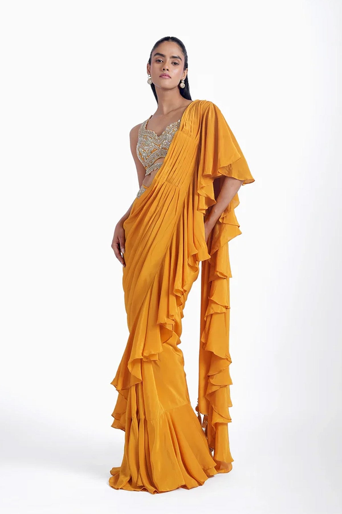 Chrome yellow ruffle pre-draped saree in crepe with hand embroidered blouse set