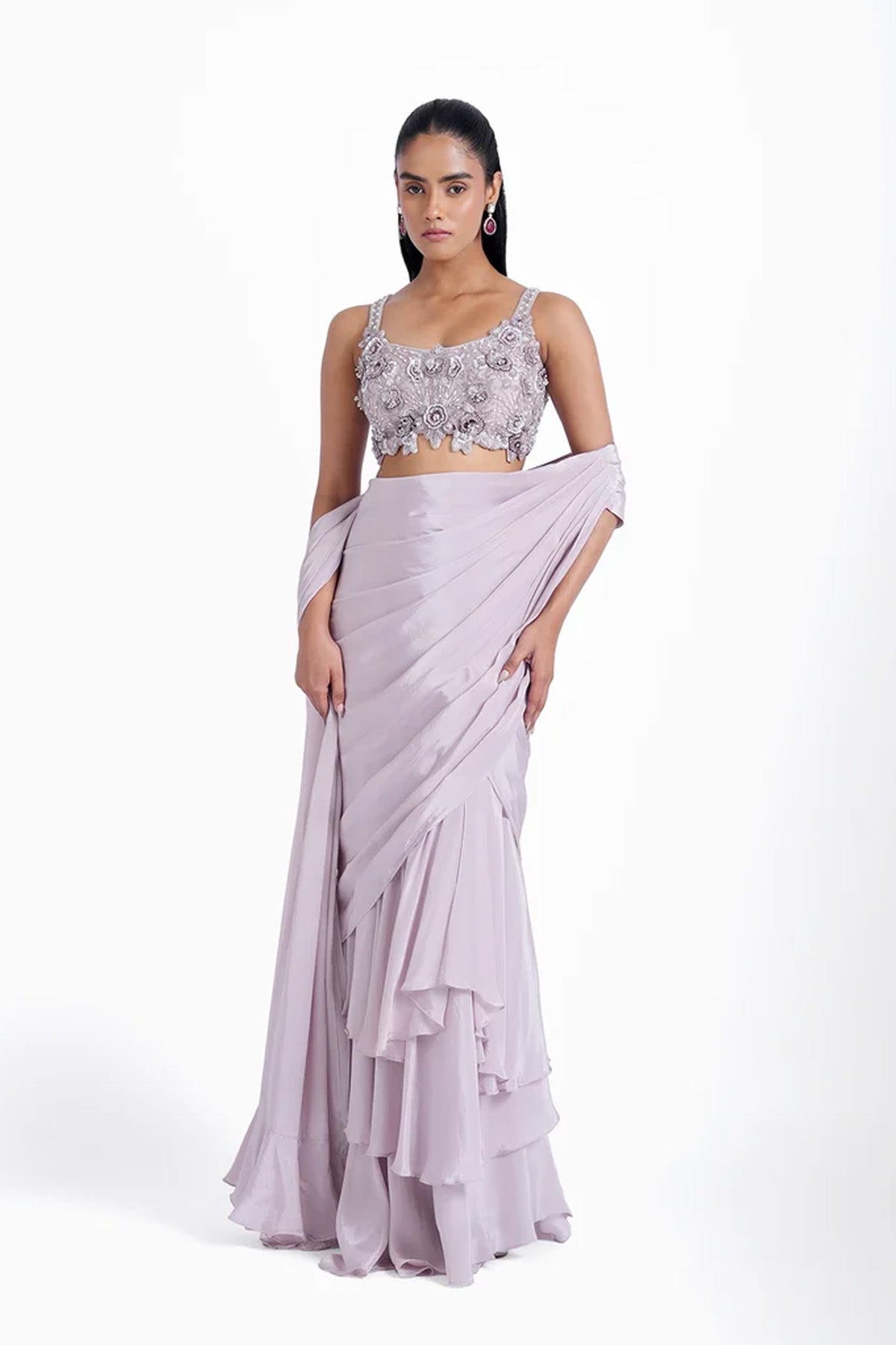 Light lilac 3-tiered fishcut pre-draped saree with spaghetti blouse set