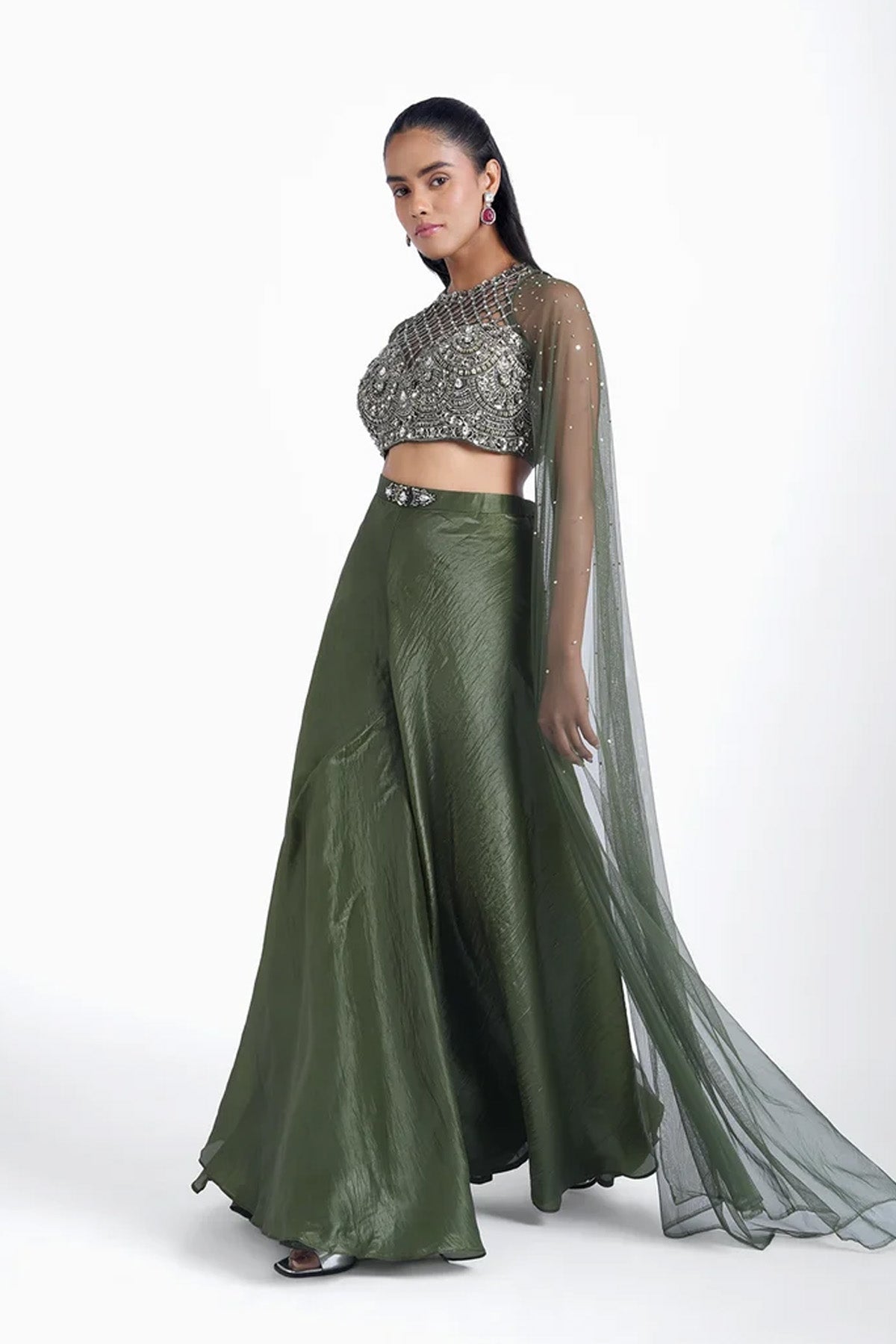 Mehendi green halter neck top with cape sleeves and palazzo set