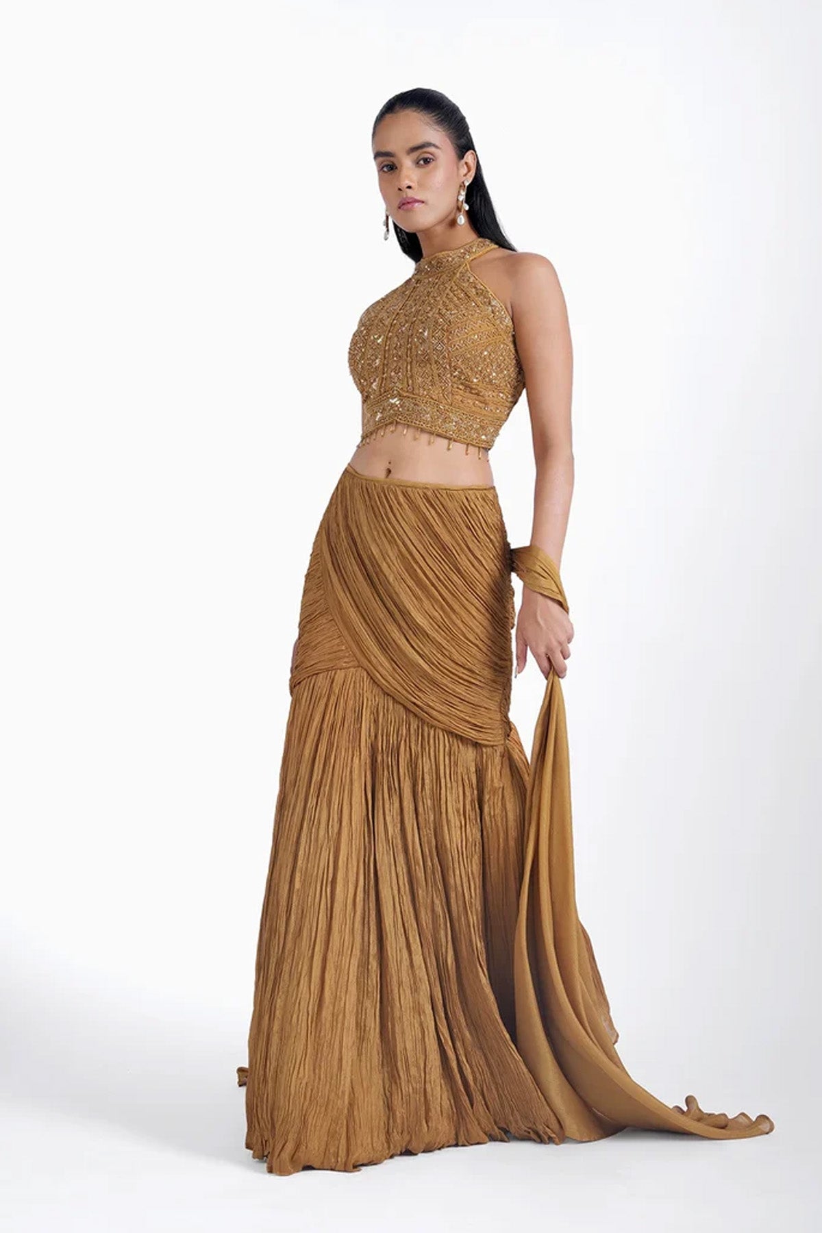 Mustard yellow fishcut skirt and halter neck top set