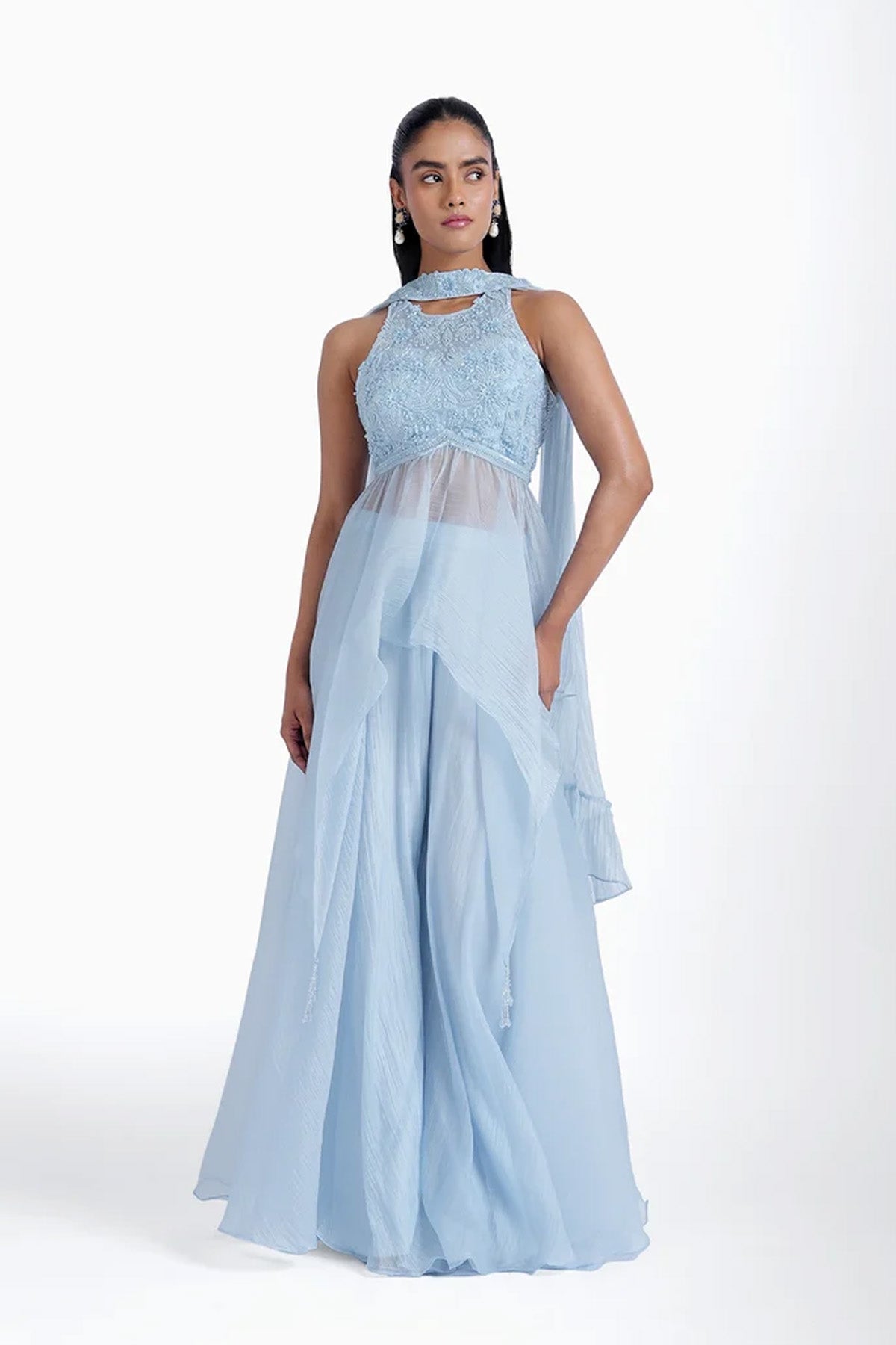 Ice blue palazzo and long top with choker dupatta set in organza